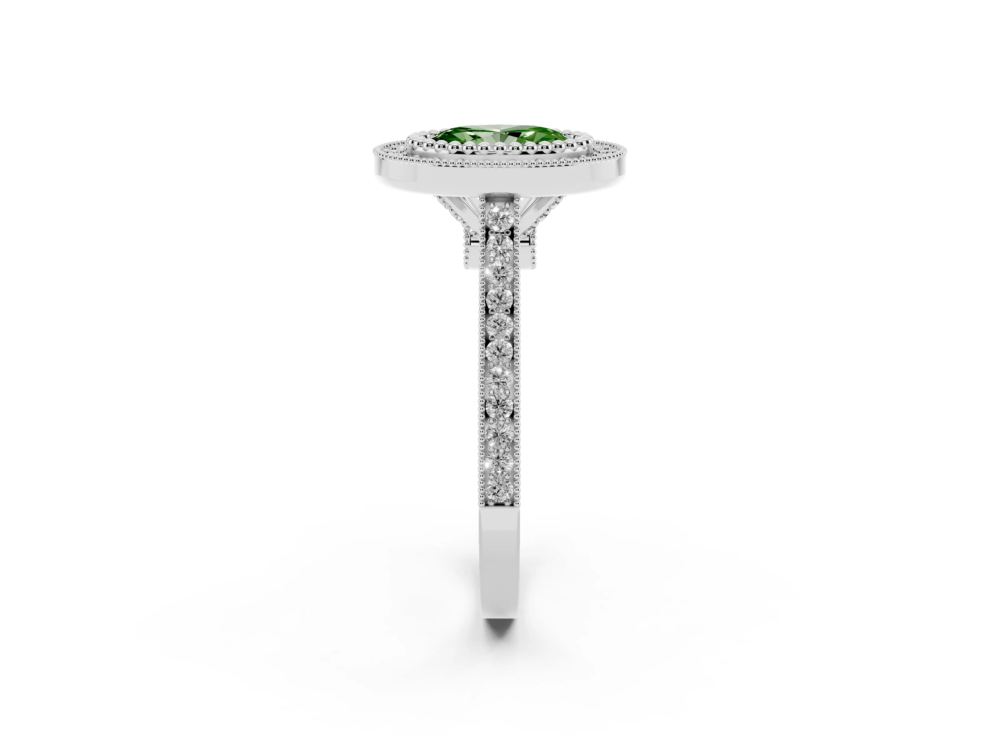 Fancy Green Oval Cut Diamond Halo Ring Set in Silver with Milgrain Frame and Pavé Band