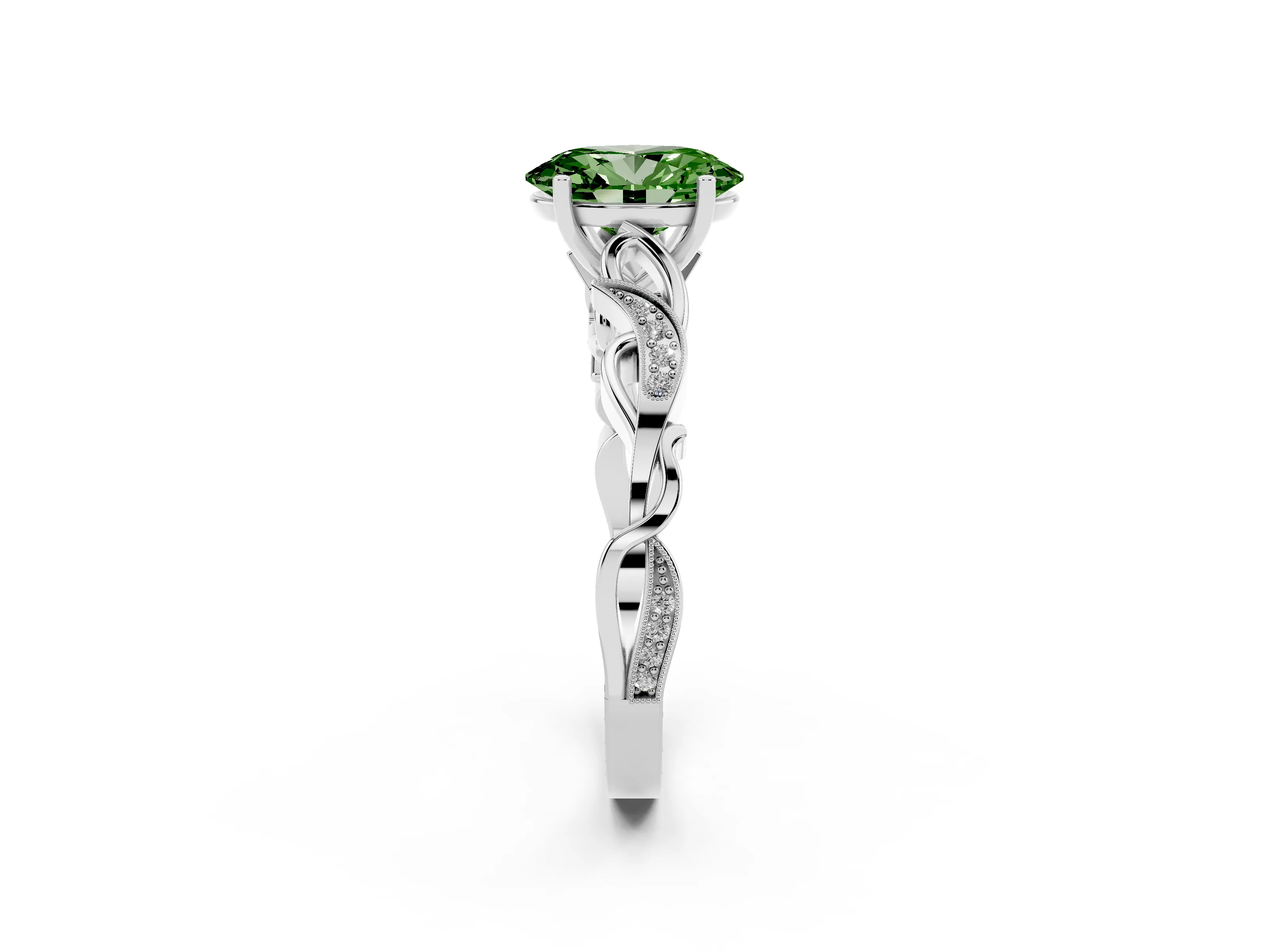 Fancy Green Oval Cut Diamond Vine Band Solitaire Ring Set in Silver with Milgrain Prong Setting