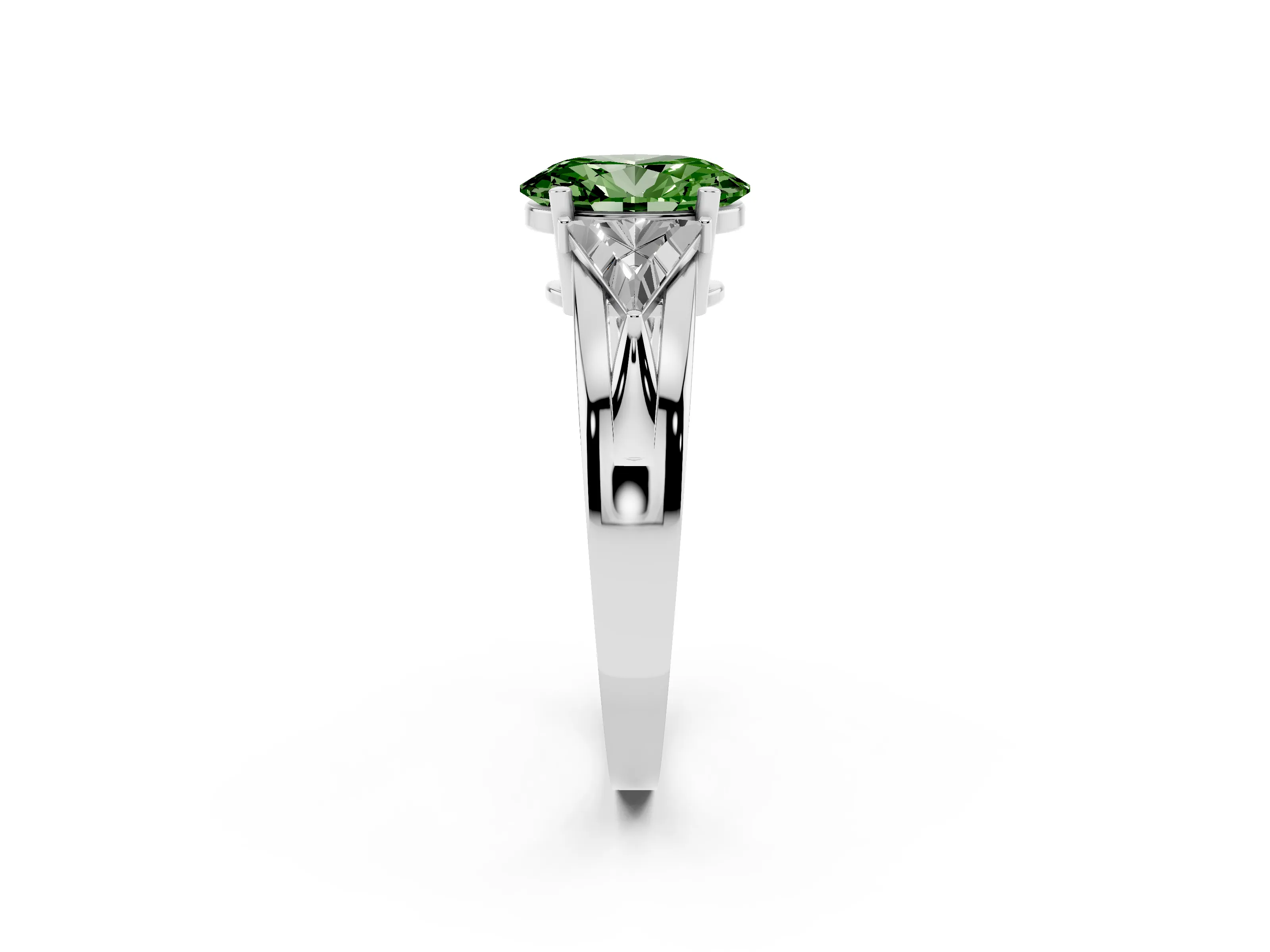 Fancy Green Oval Cut Diamond Three-Stone Ring Set in Silver with Trillion Side Stones and Split Shank