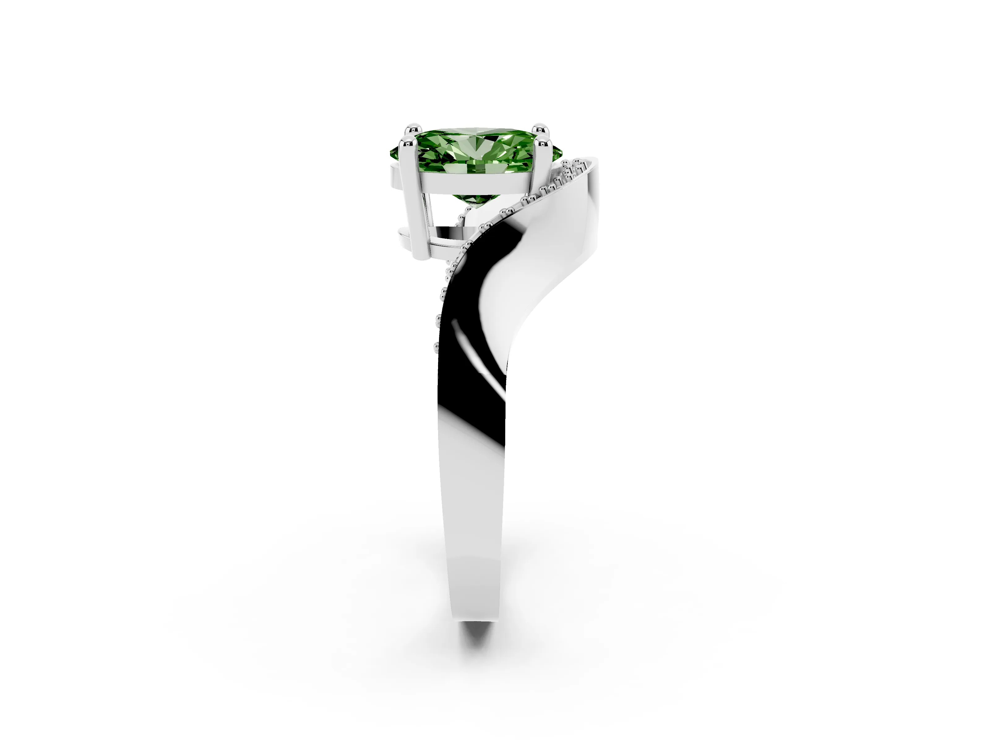 Fancy Green Oval Cut Diamond Solitaire Engagement Ring Set in Silver with Pavé Shoulders