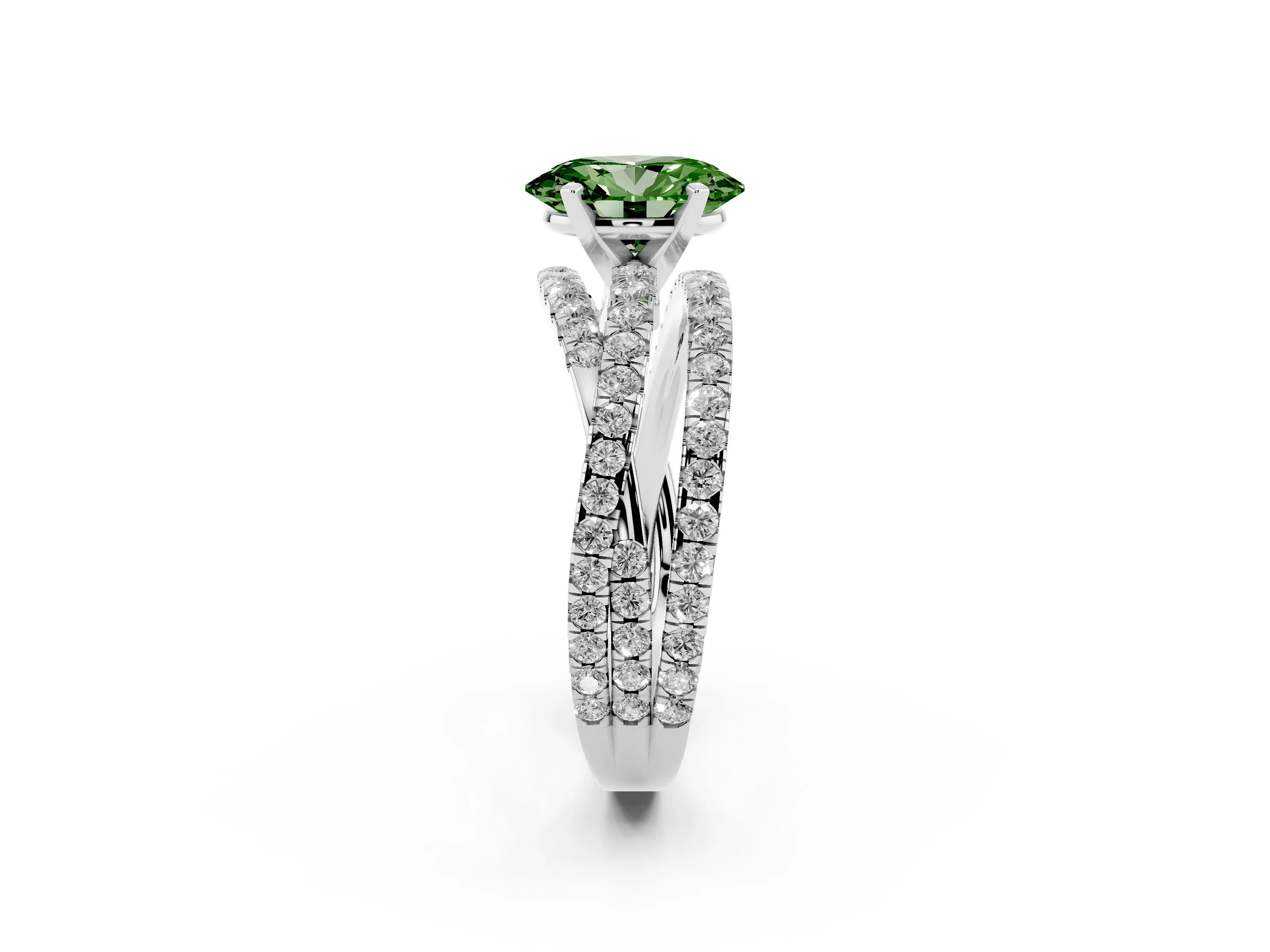 Fancy Green Oval Cut Diamond Solitaire Twist Band Ring Set in Platinum with Pavé Setting and Prong Head