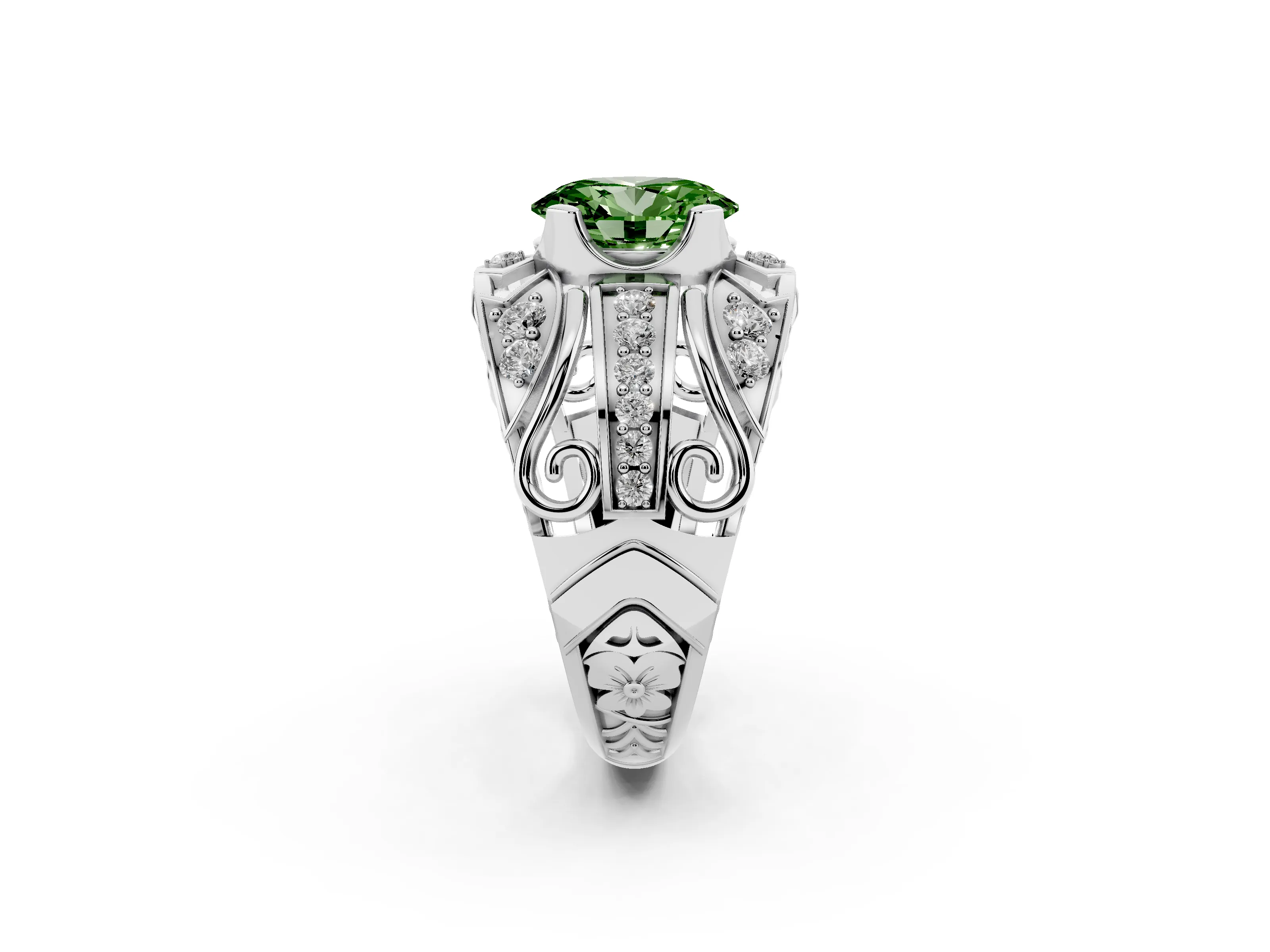 Fancy Green Oval Cut Diamond Art Deco Ring Set in Platinum with Pavé Split Shank