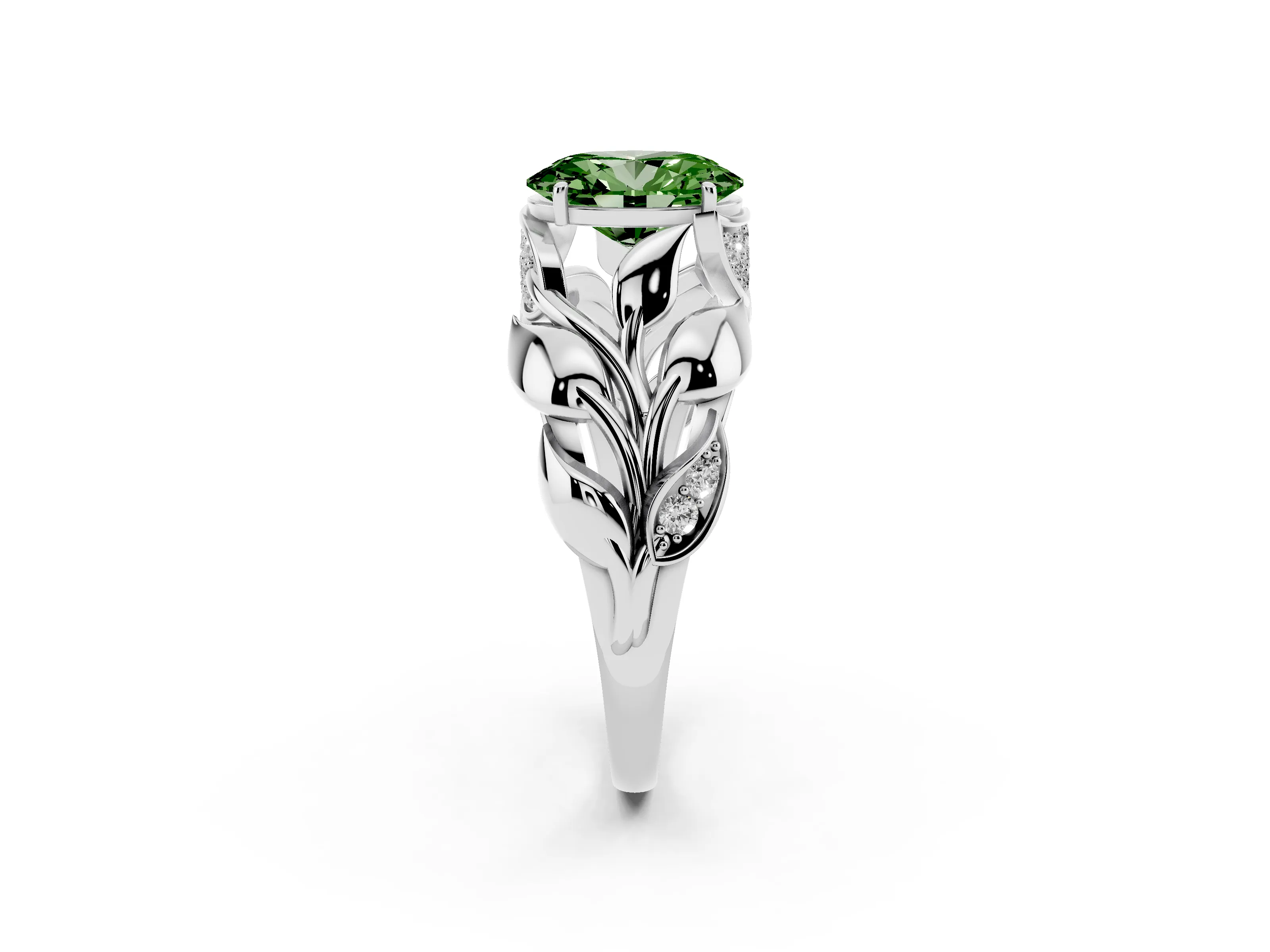Fancy Green Oval Cut Diamond Leaf-Inspired Engagement Ring Set in White gold with Round Accents