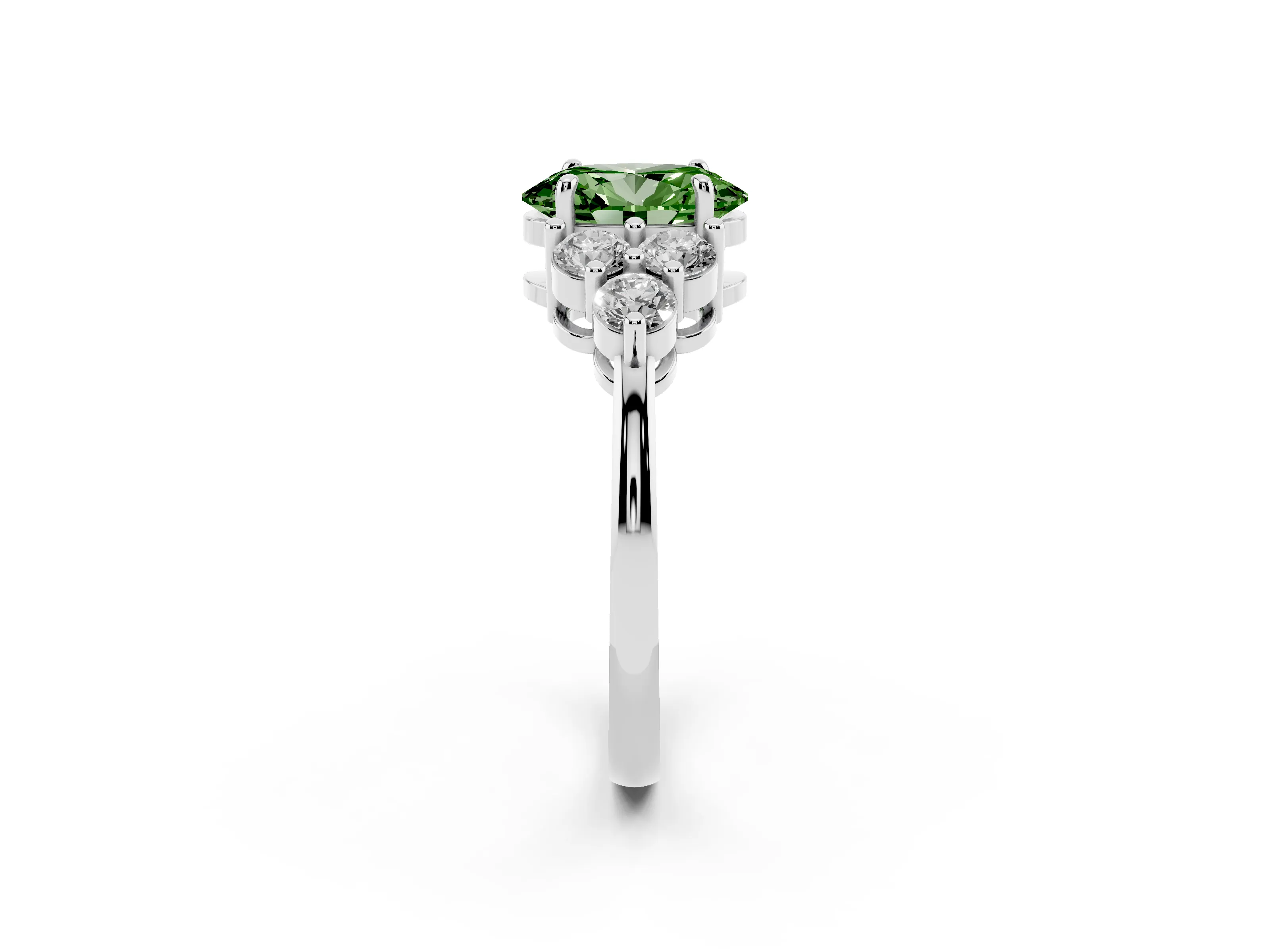 Fancy Green Oval Cut Diamond Solitaire Ring Set in Silver with Cluster Accents on Each Side