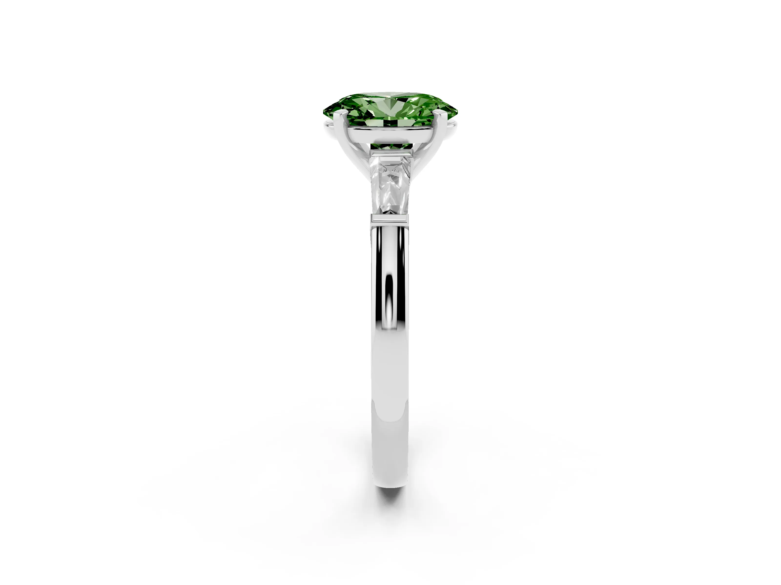 Fancy Green Oval Cut Diamond Solitaire Ring Set in Platinum with Tapered Baguette Side Stones and Prong Setting