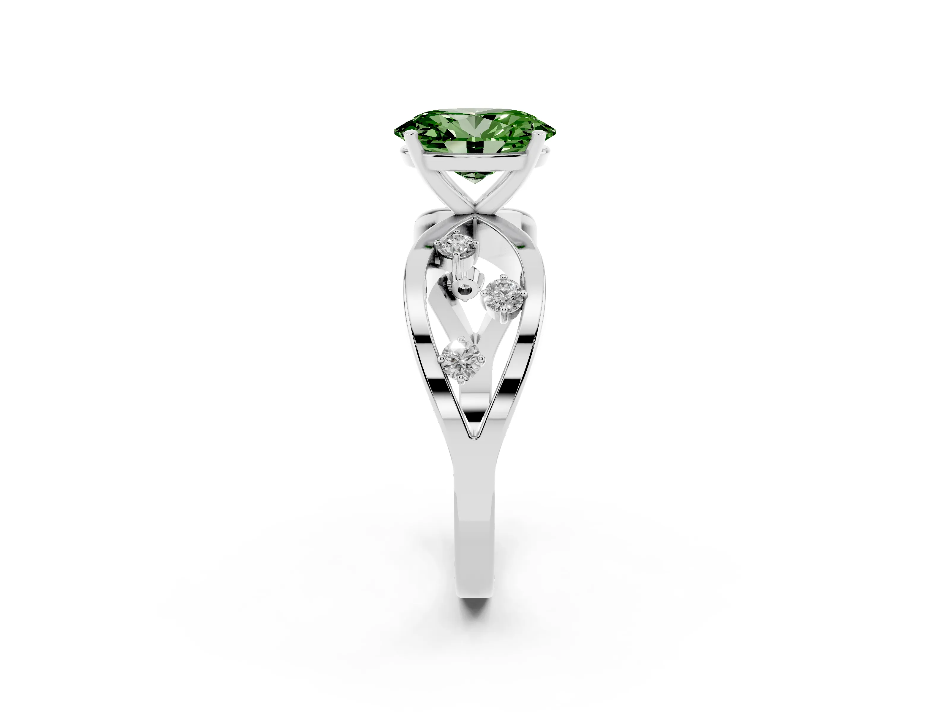 Fancy Green Oval Cut Diamond Solitaire Ring Set in Silver with Side Stones on Criss-Cross Band and Prong Setting