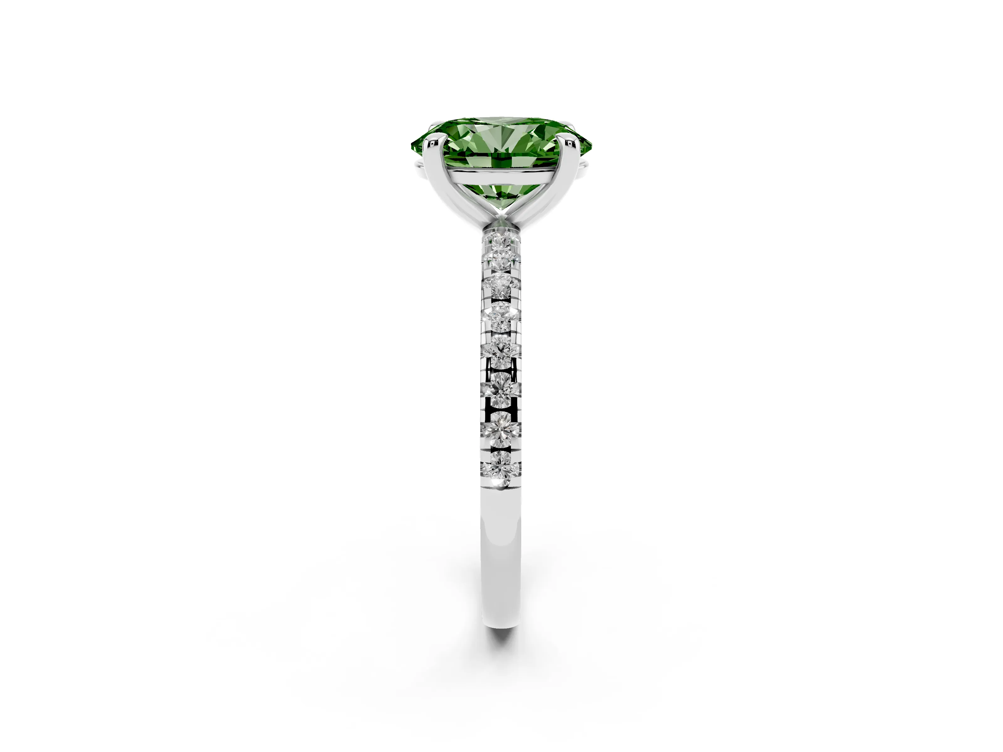 Fancy Green Oval Cut Diamond Brilliant Solitaire Ring Set in White gold with Pavé Band and Prong Setting