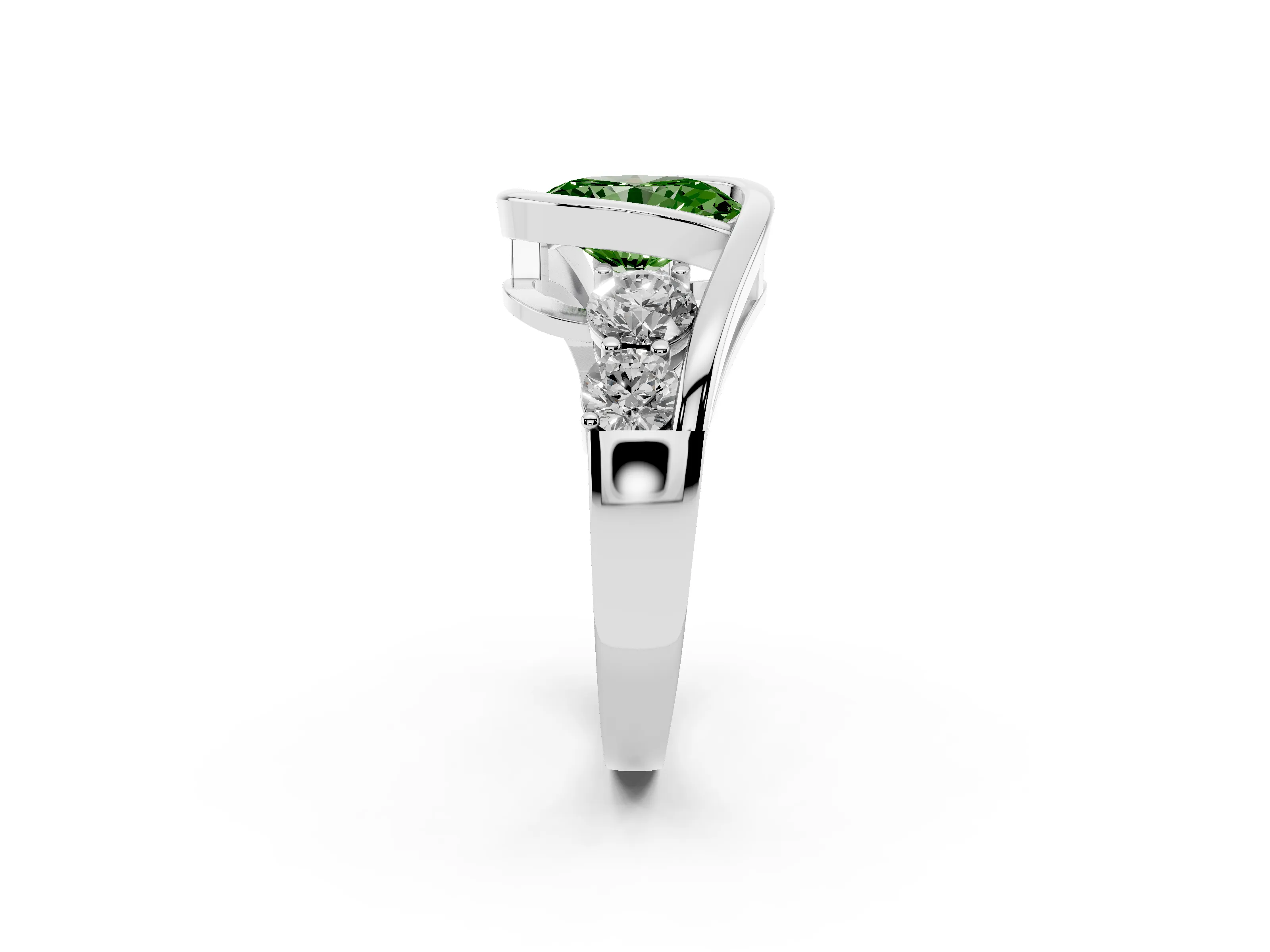 Fancy Green Oval Cut Diamond Bezel Bypass Ring Set in Silver with Round Accents