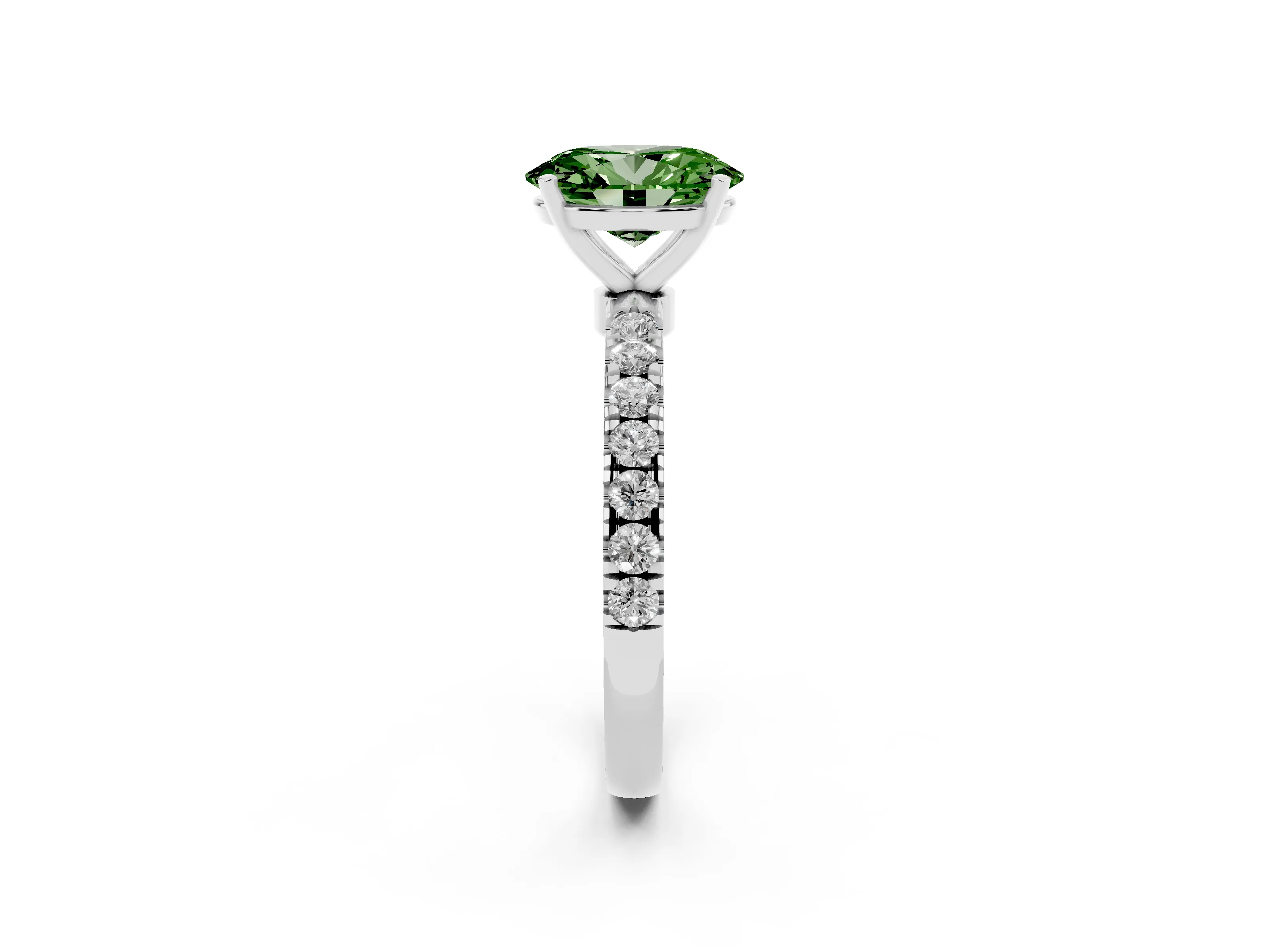 Fancy Green Oval Cut Diamond Solitaire Ring Set in Platinum with Pavé Accents and Prong Setting
