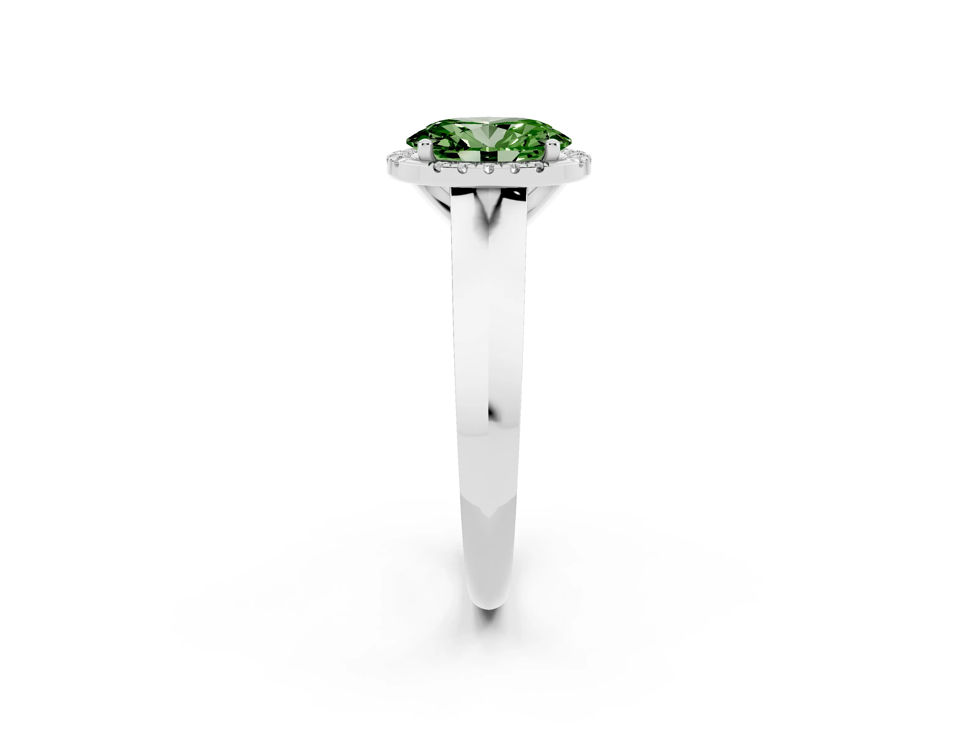 Fancy Green Oval Cut Diamond Halo Ring Set in Silver with Cathedral Band and Prong Setting