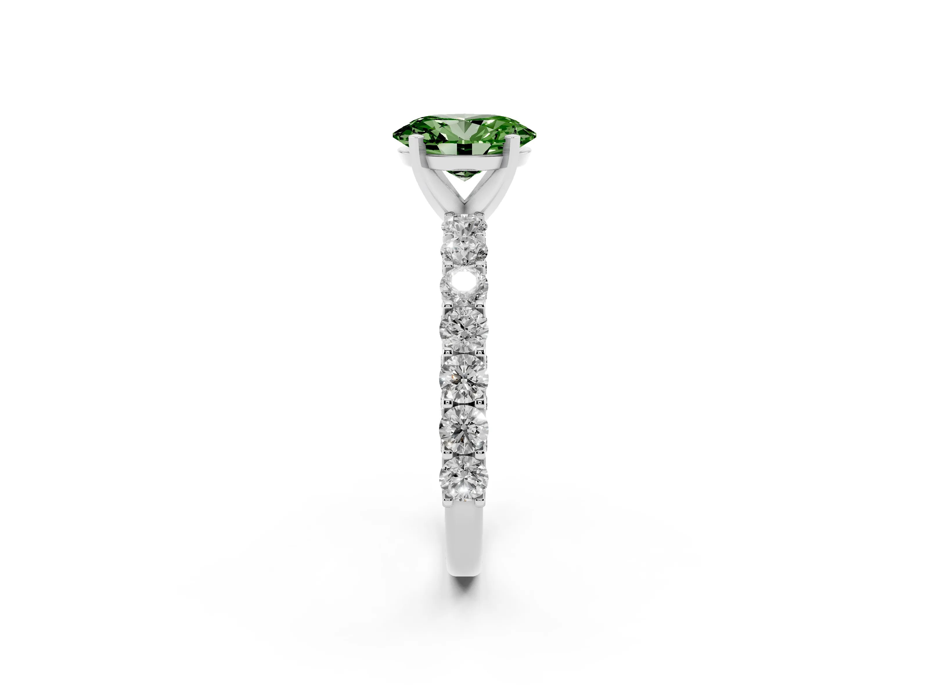 Fancy Green Oval Cut Diamond Solitaire Ring Set in Silver with Shared Prong Pavé Band