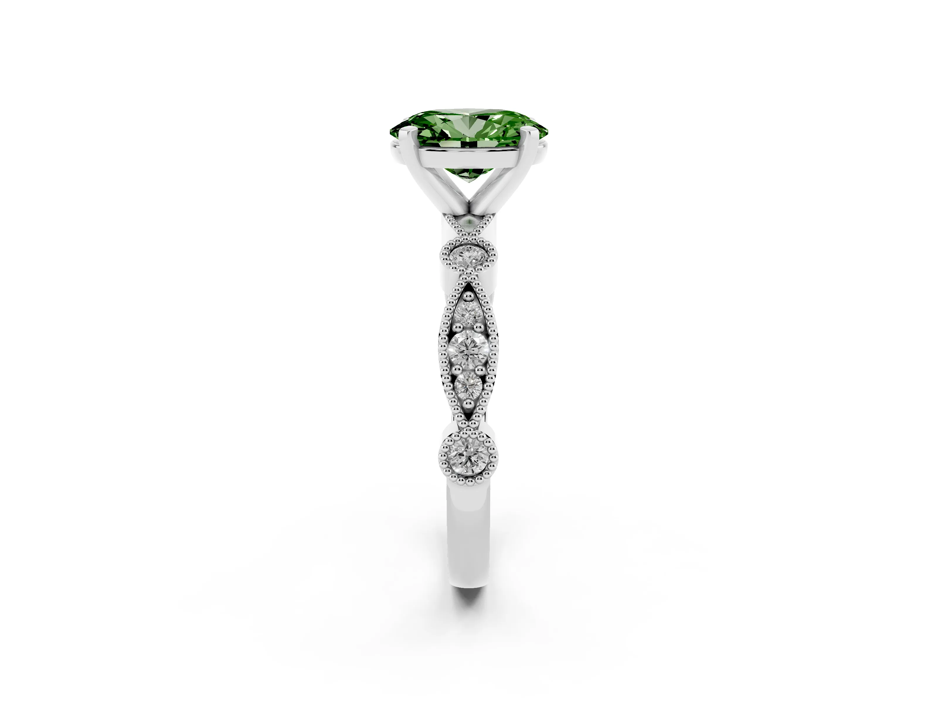 Fancy Green Oval Cut Diamond Solitaire Engagement Ring Set in Silver with Milgrain Bezel Accent Band