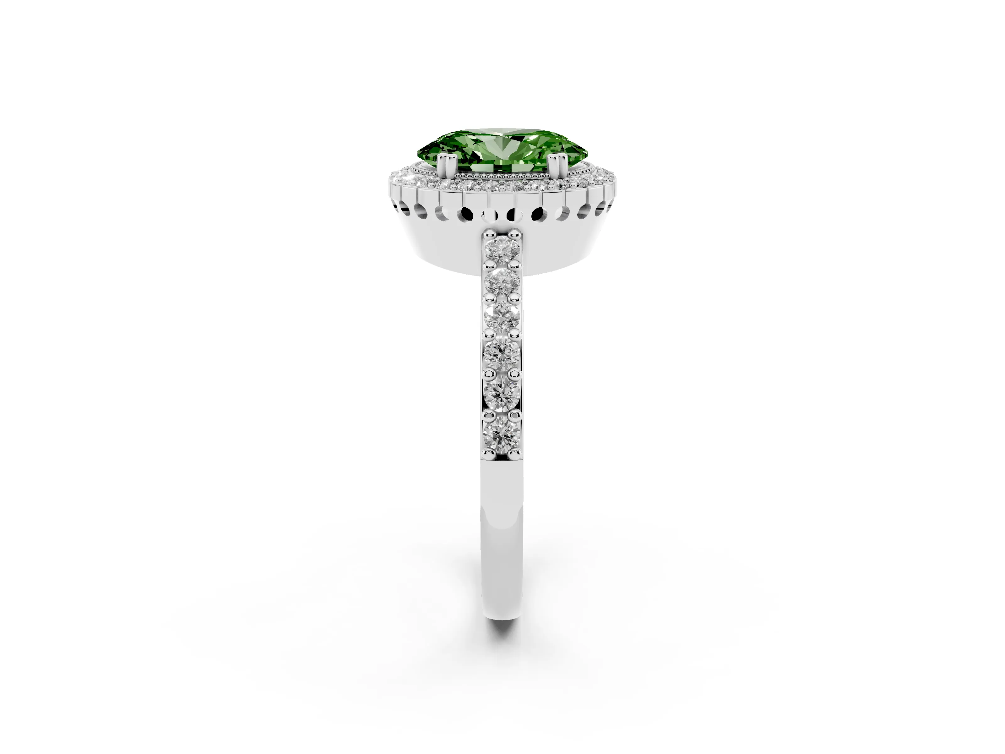 Fancy Green Oval Cut Diamond Halo Engagement Ring Set in Platinum with Milgrain Detail and Pavé Band