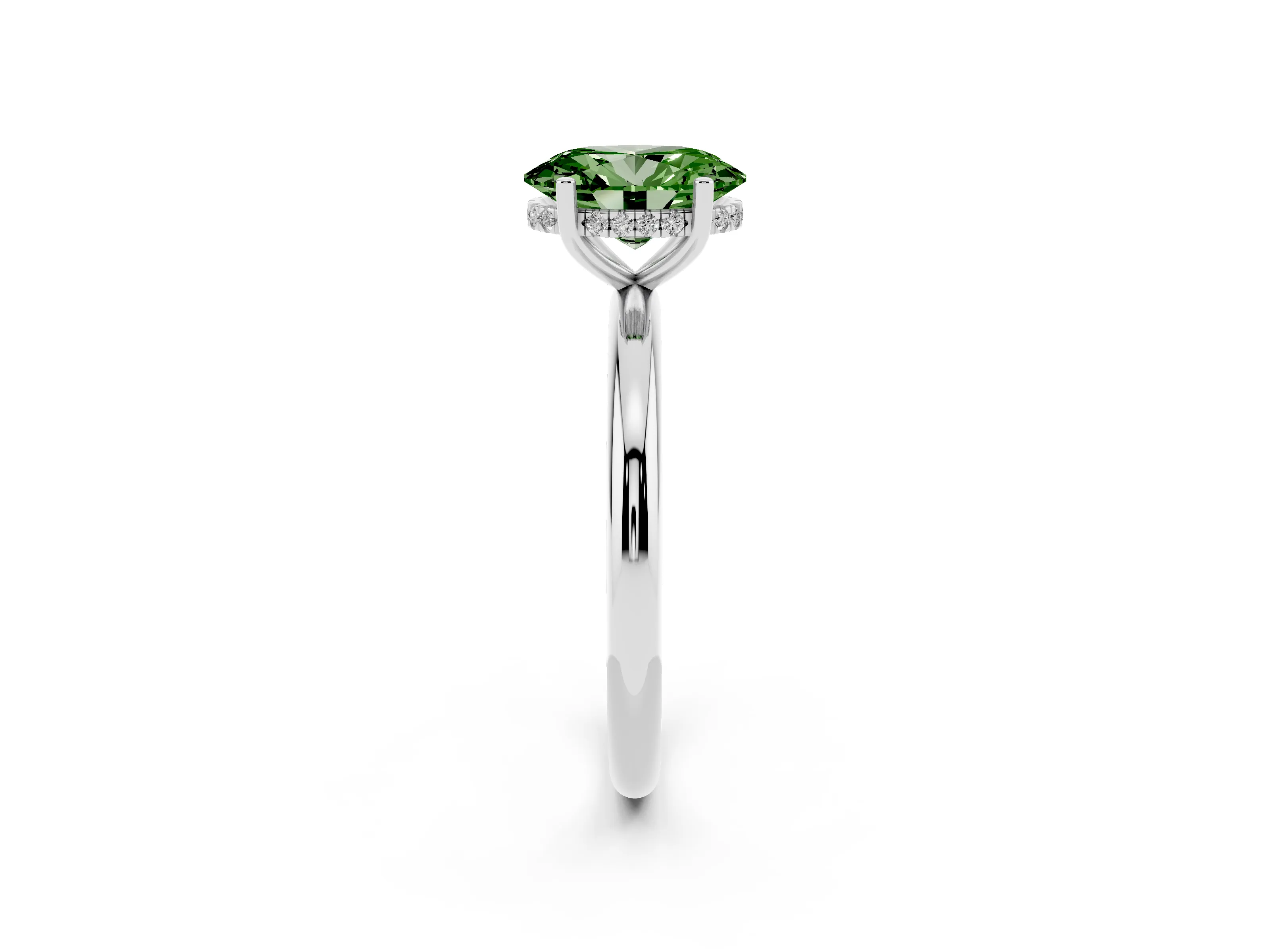 Fancy Green Oval Cut Diamond Solitaire Engagement Ring Set in White gold with Prong Setting and Polished Band