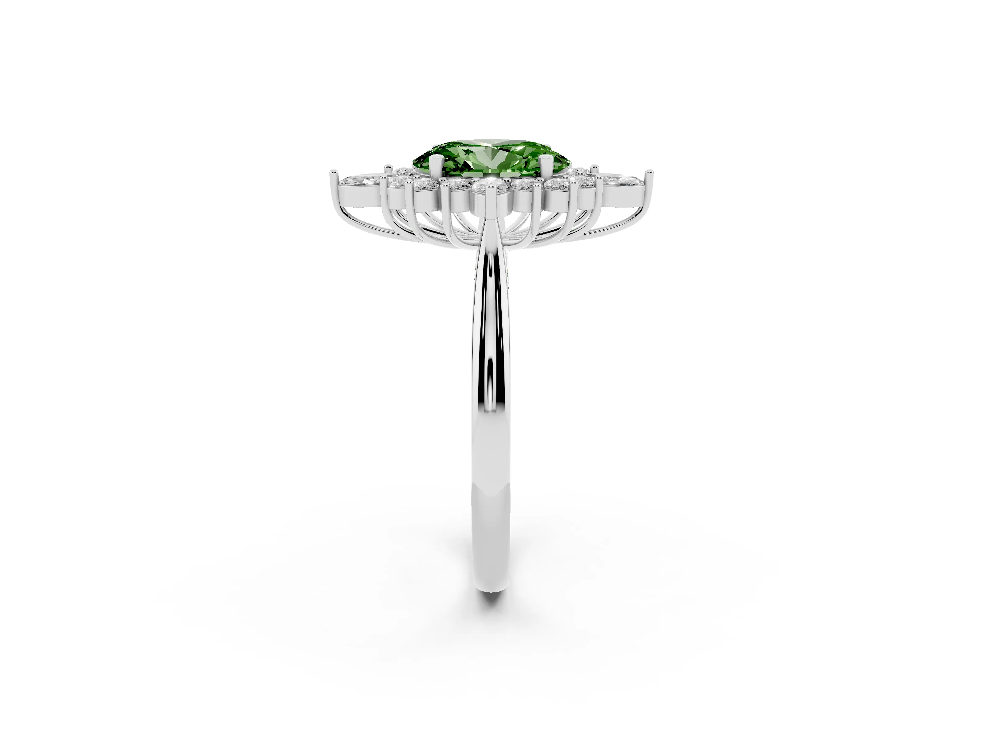 Fancy Green Oval Cut Diamond Cluster Halo Ring Set in White gold with Marquise and Round Accents