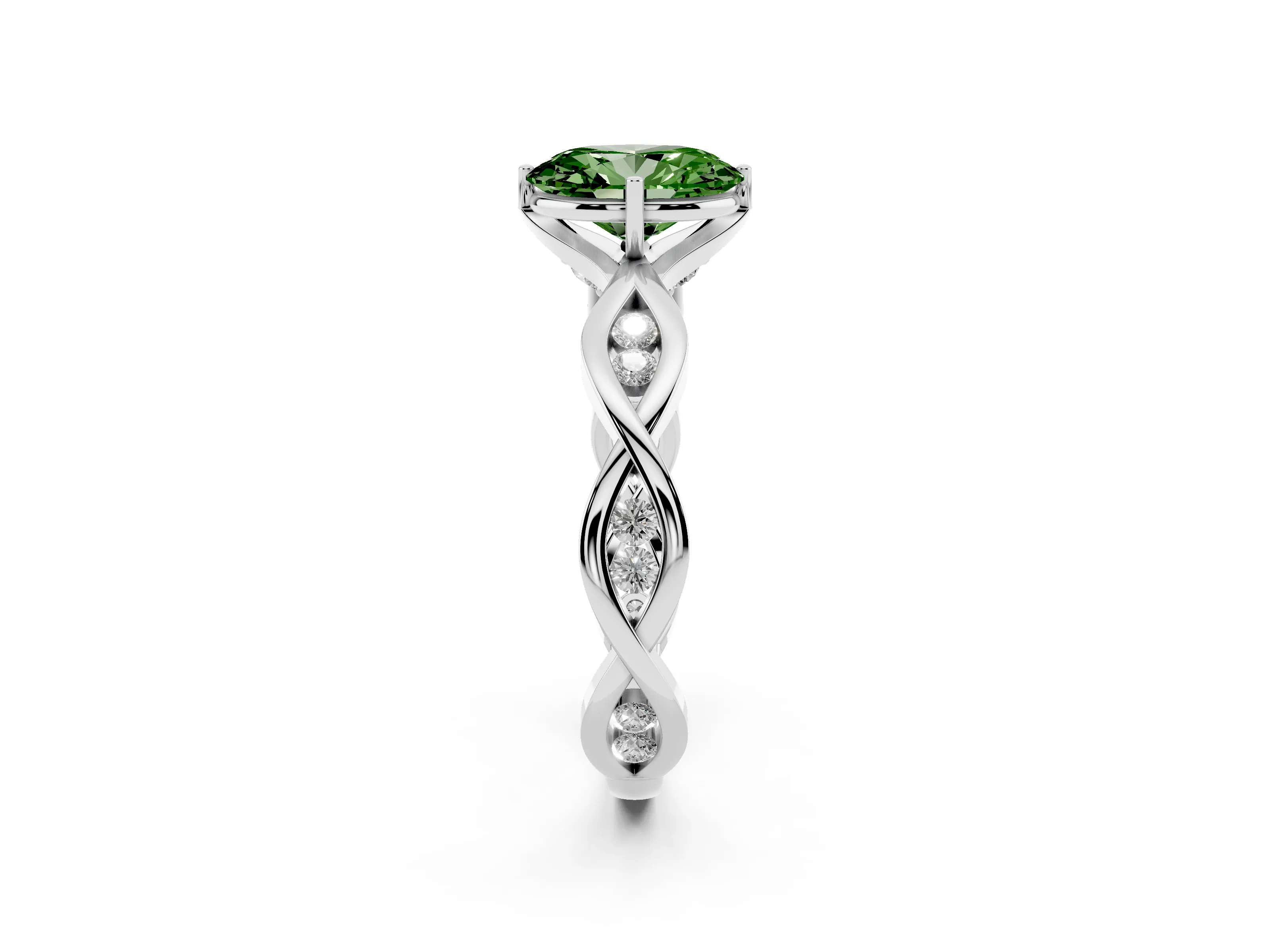Fancy Green Oval Cut Diamond Twist Band Solitaire Ring Set in Platinum with Leaf Prong Setting and Accent Stones
