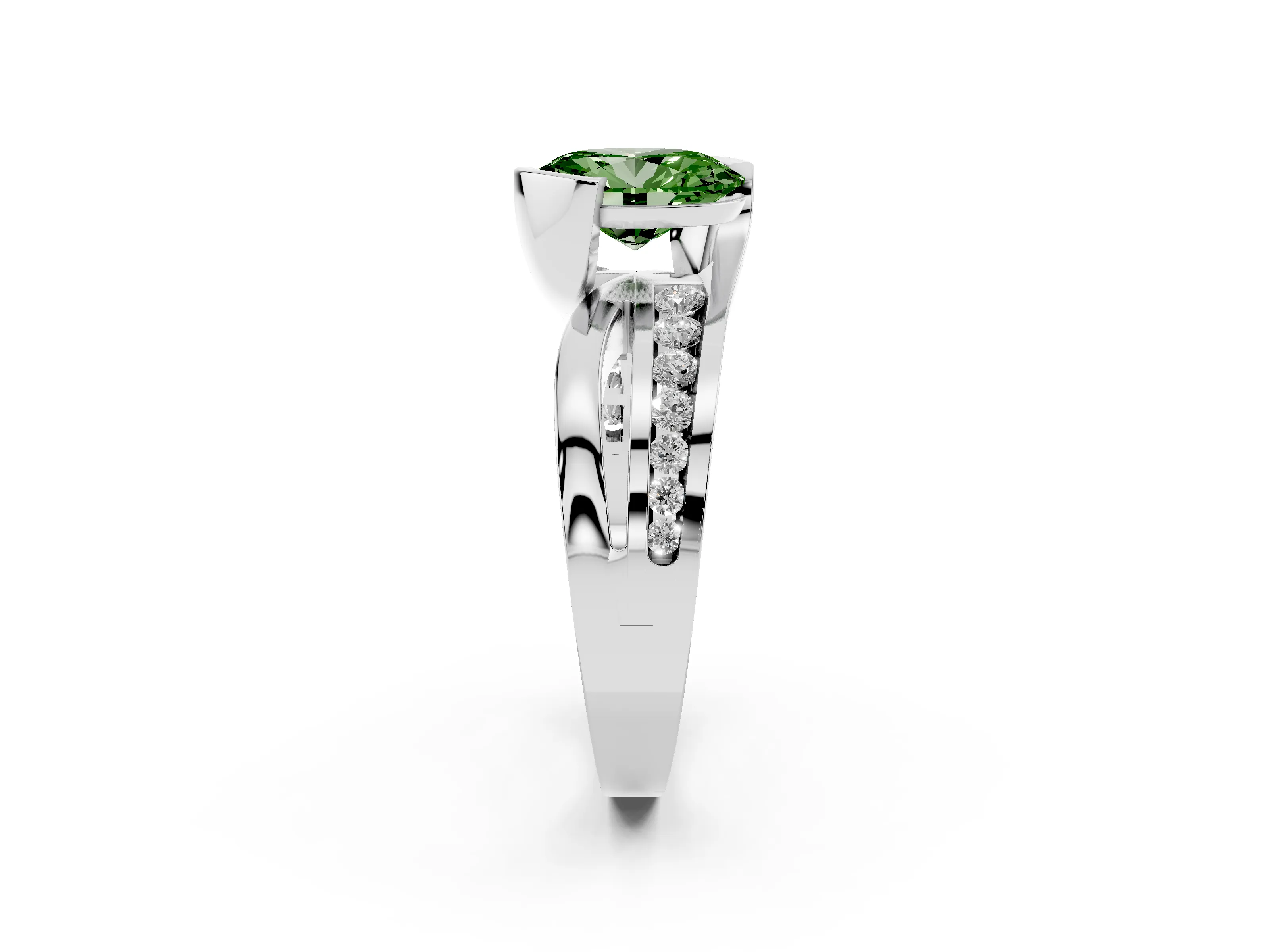 Fancy Green Oval Cut Diamond Solitaire Ring Set in Silver with Channel Set Split Shank and Tension Prongs