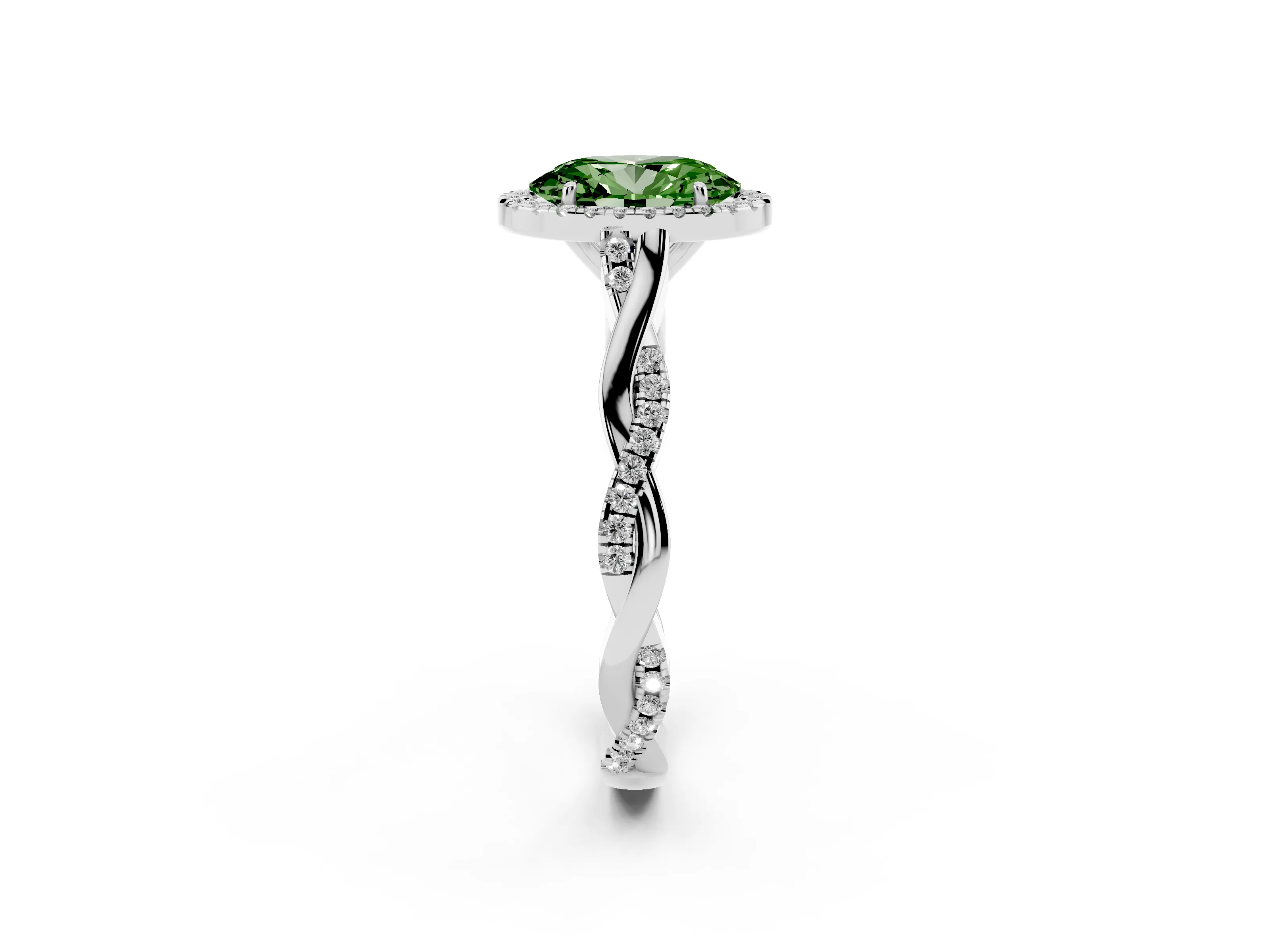 Fancy Green Oval Cut Diamond Halo Twist Band Solitaire Ring Set in White gold with Prong Setting