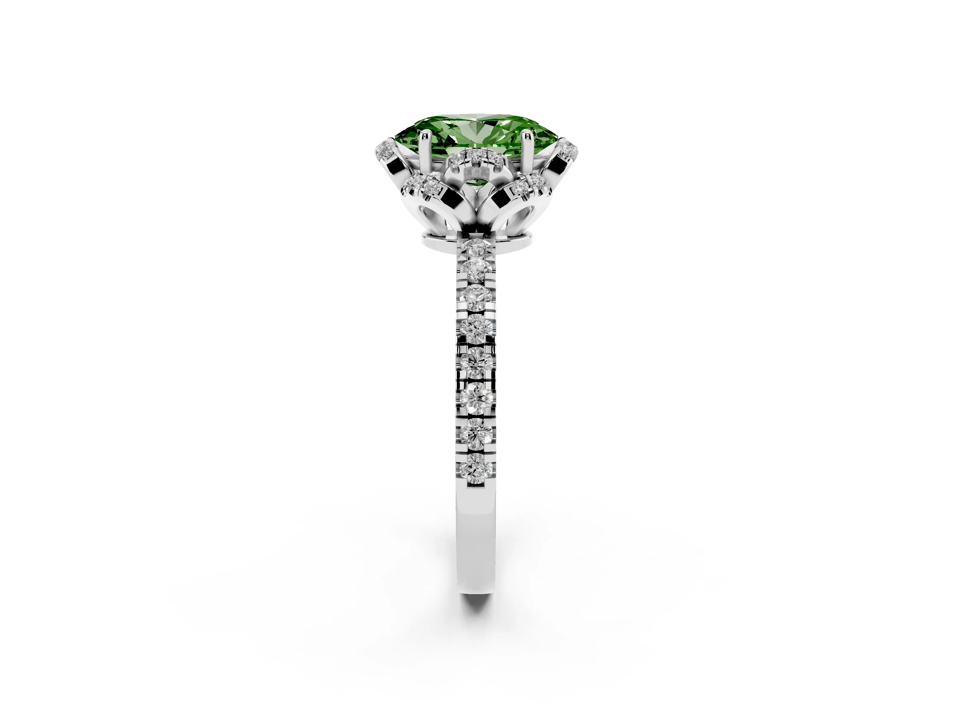 Fancy Green Oval Cut Diamond Halo Pavé Band Ring Set in White gold with Prong-Held Center