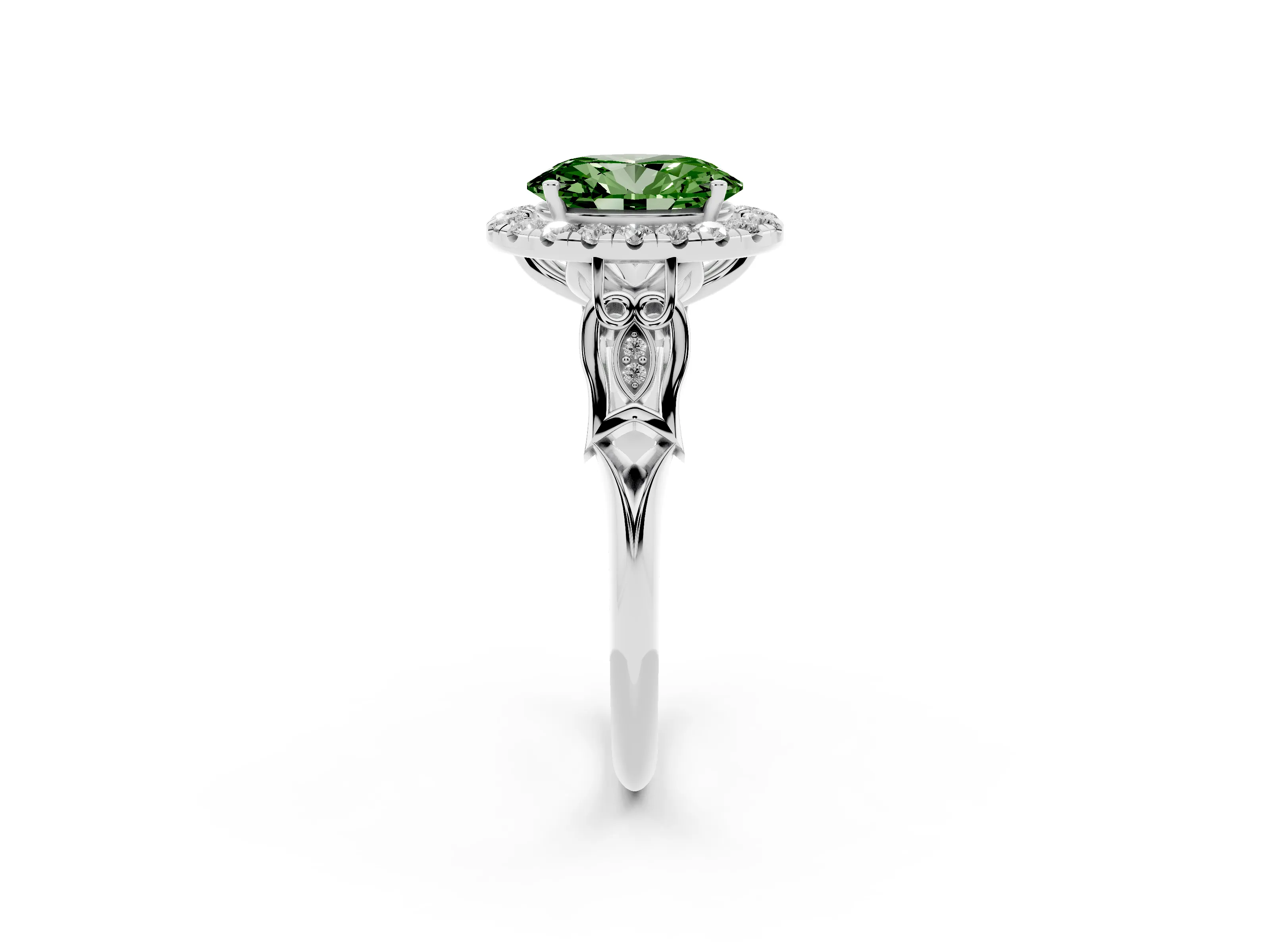 Fancy Green Oval Cut Diamond Halo Engagement Ring Set in Platinum with Filigree Band and Prong-Set Center