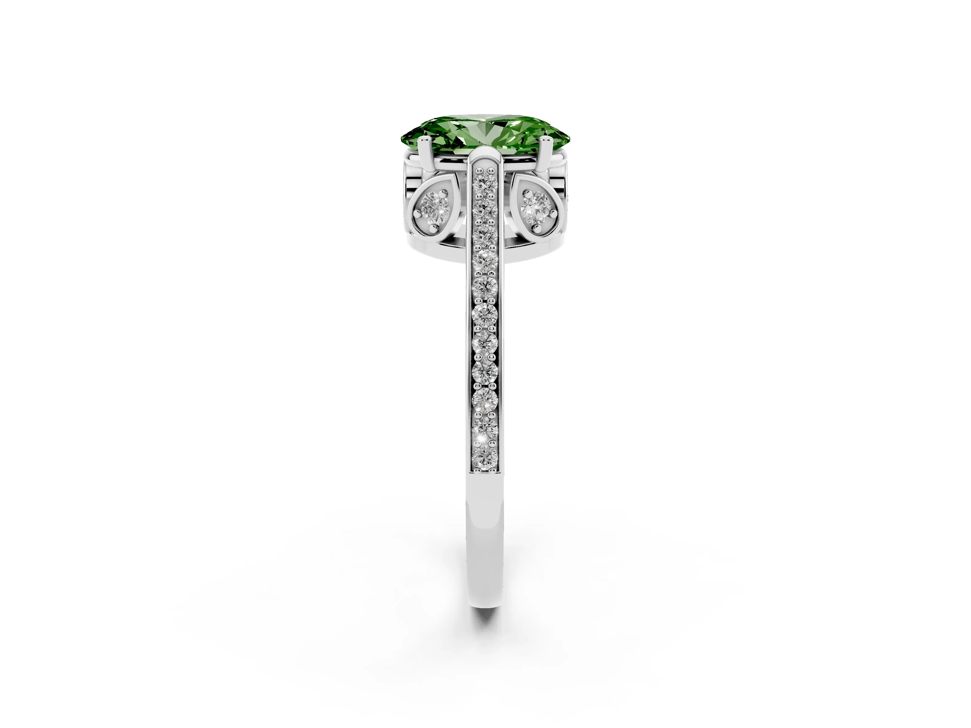 Fancy Green Oval Cut Diamond Cathedral Pavé Engagement Ring Set in Silver with Prong Setting