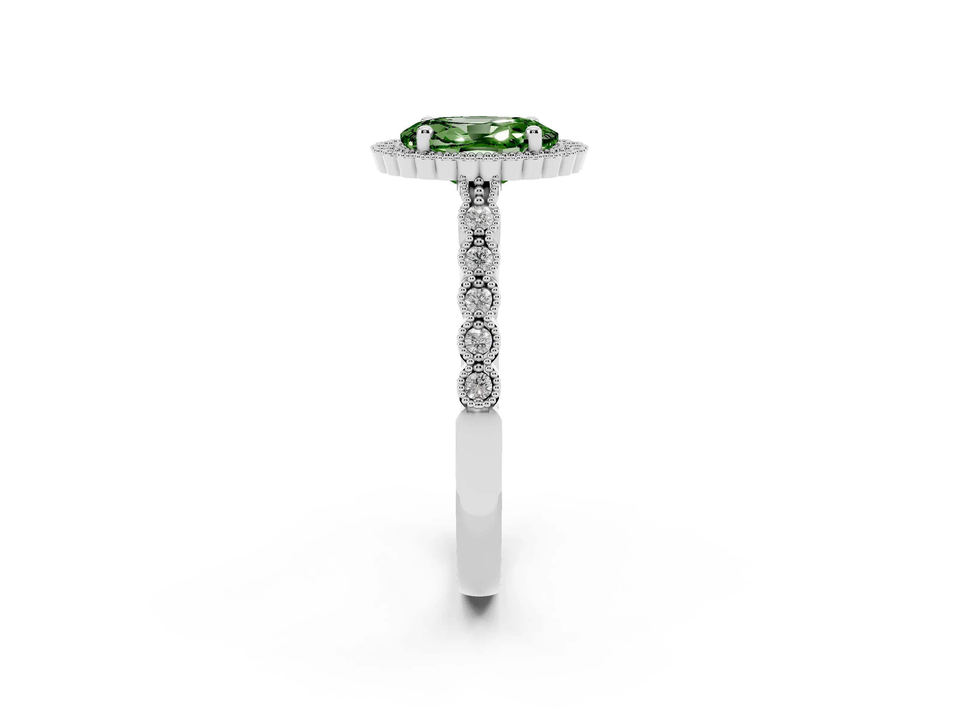 Fancy Green Oval Cut Diamond Halo Ring Set in Silver with Pavé Milgrain Band