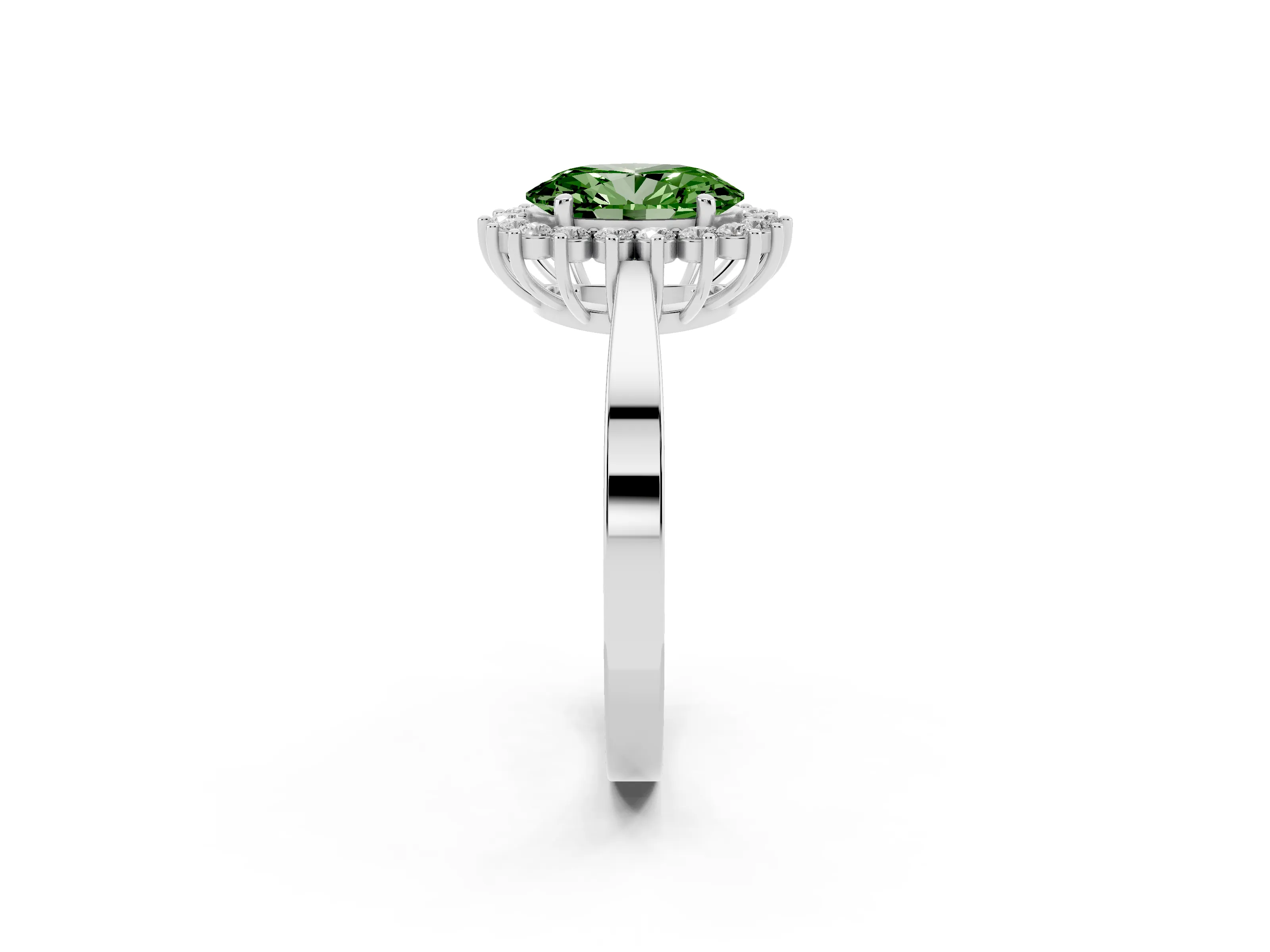 Fancy Green Oval Cut Diamond Halo Ring Set in White gold with Round Halo and Smooth Solitaire Band