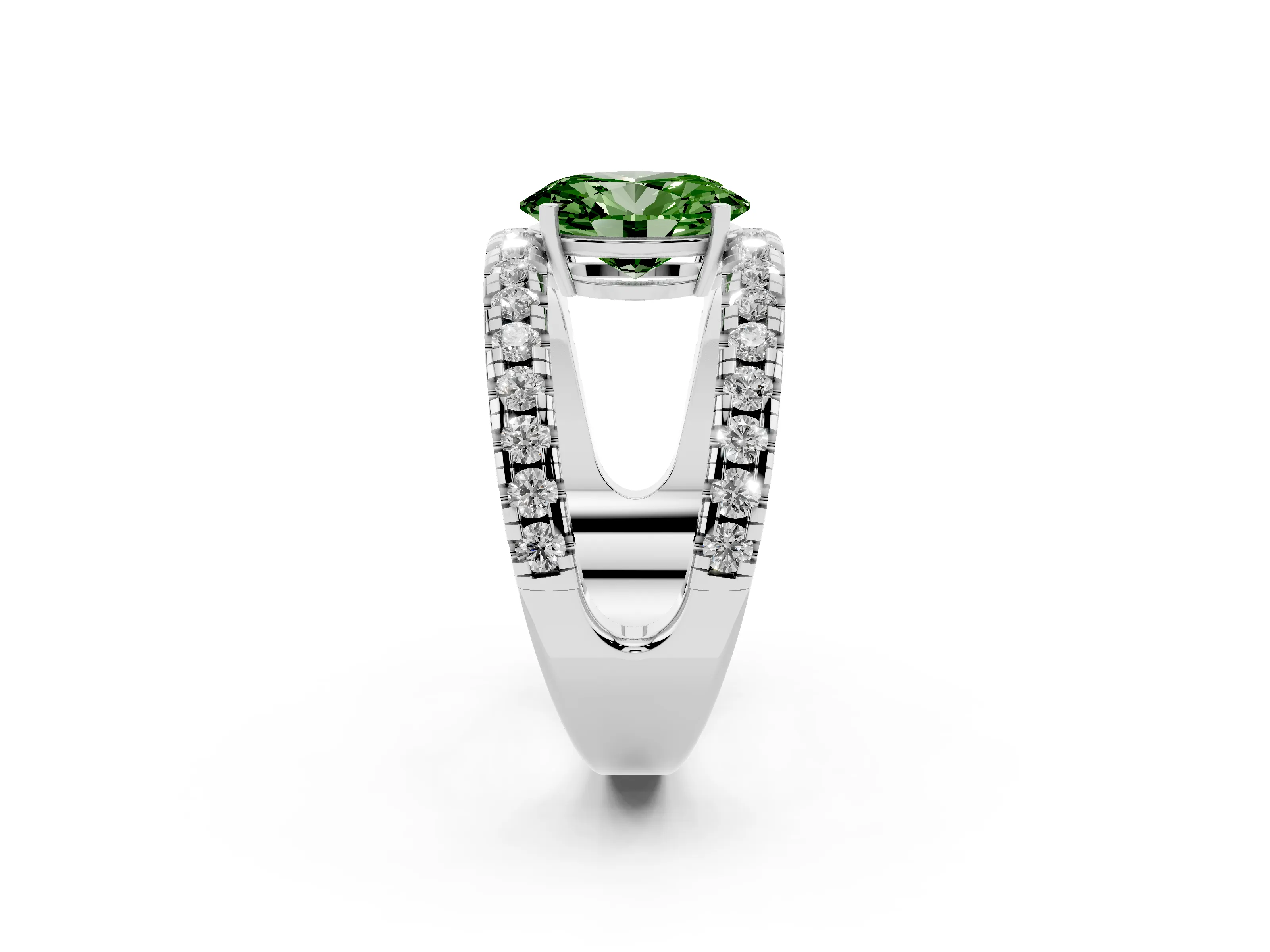 Fancy Green Oval Cut Diamond Split Shank Pavé Solitaire Ring Set in Platinum with Open Shank Design
