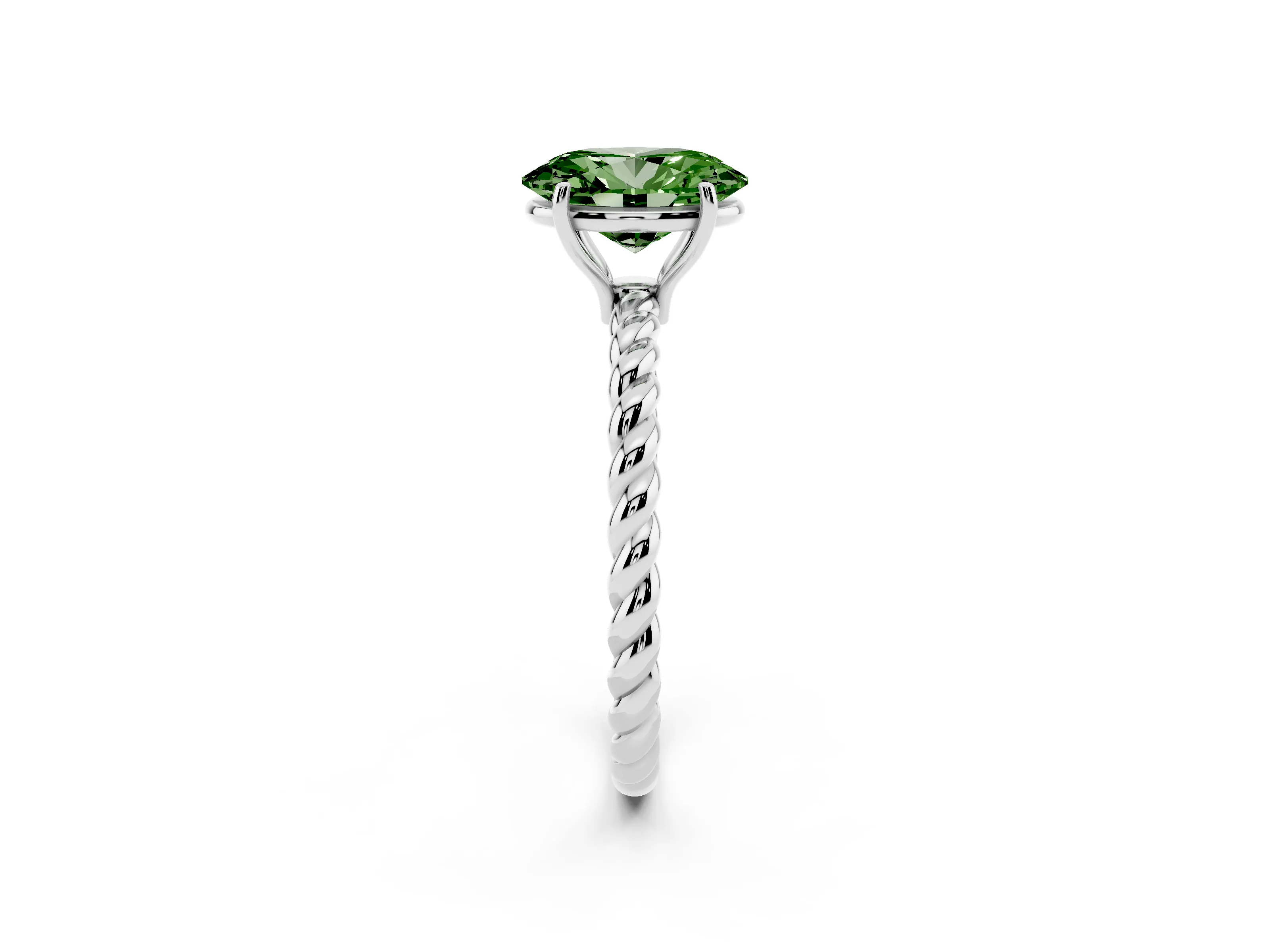 Fancy Green Oval Cut Diamond Solitaire Ring Set in White gold with Twist Band and Prong Setting