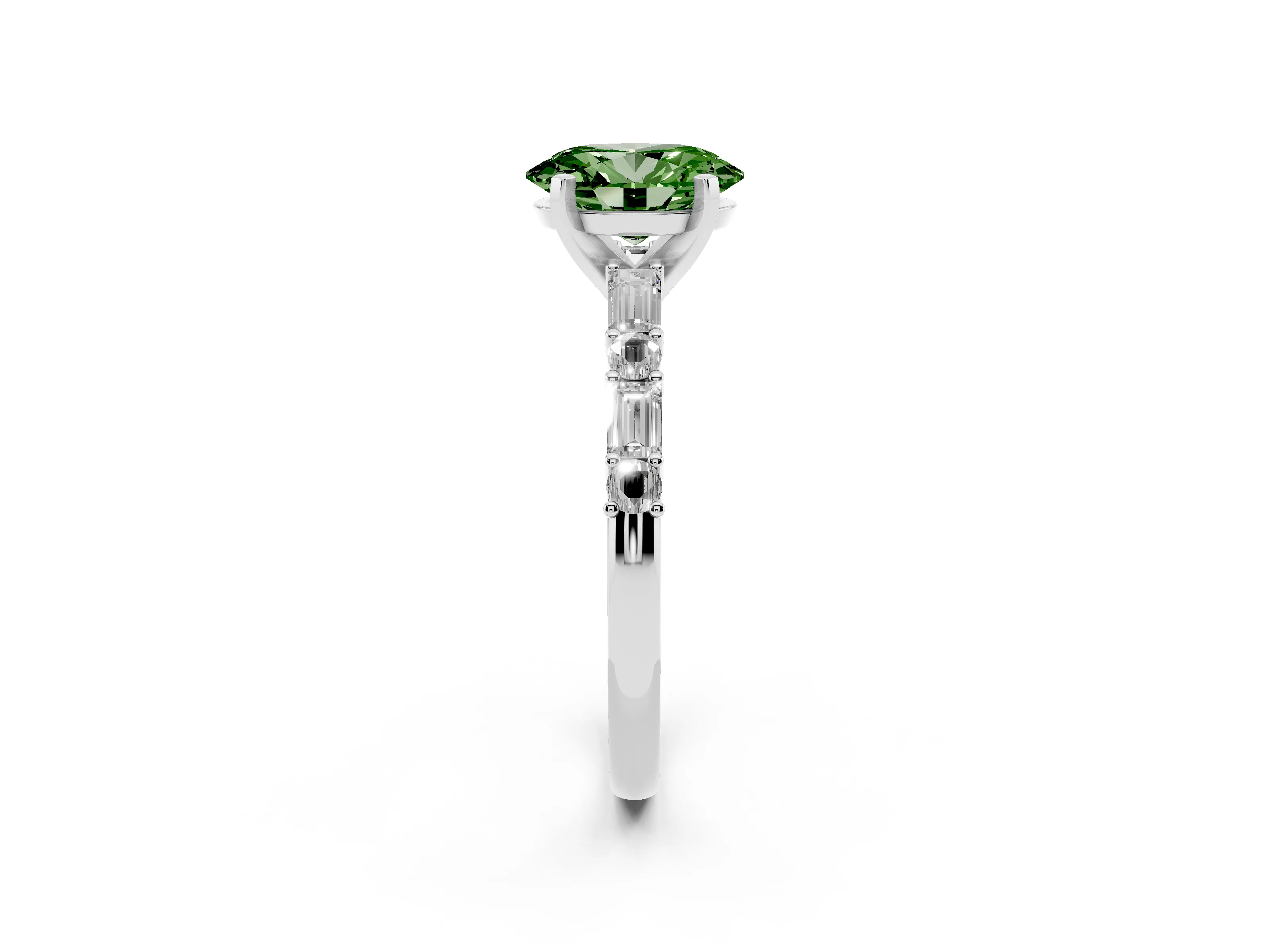 Fancy Green Oval Cut Diamond Solitaire Set in Silver with Side Baguettes and Channel Set Band