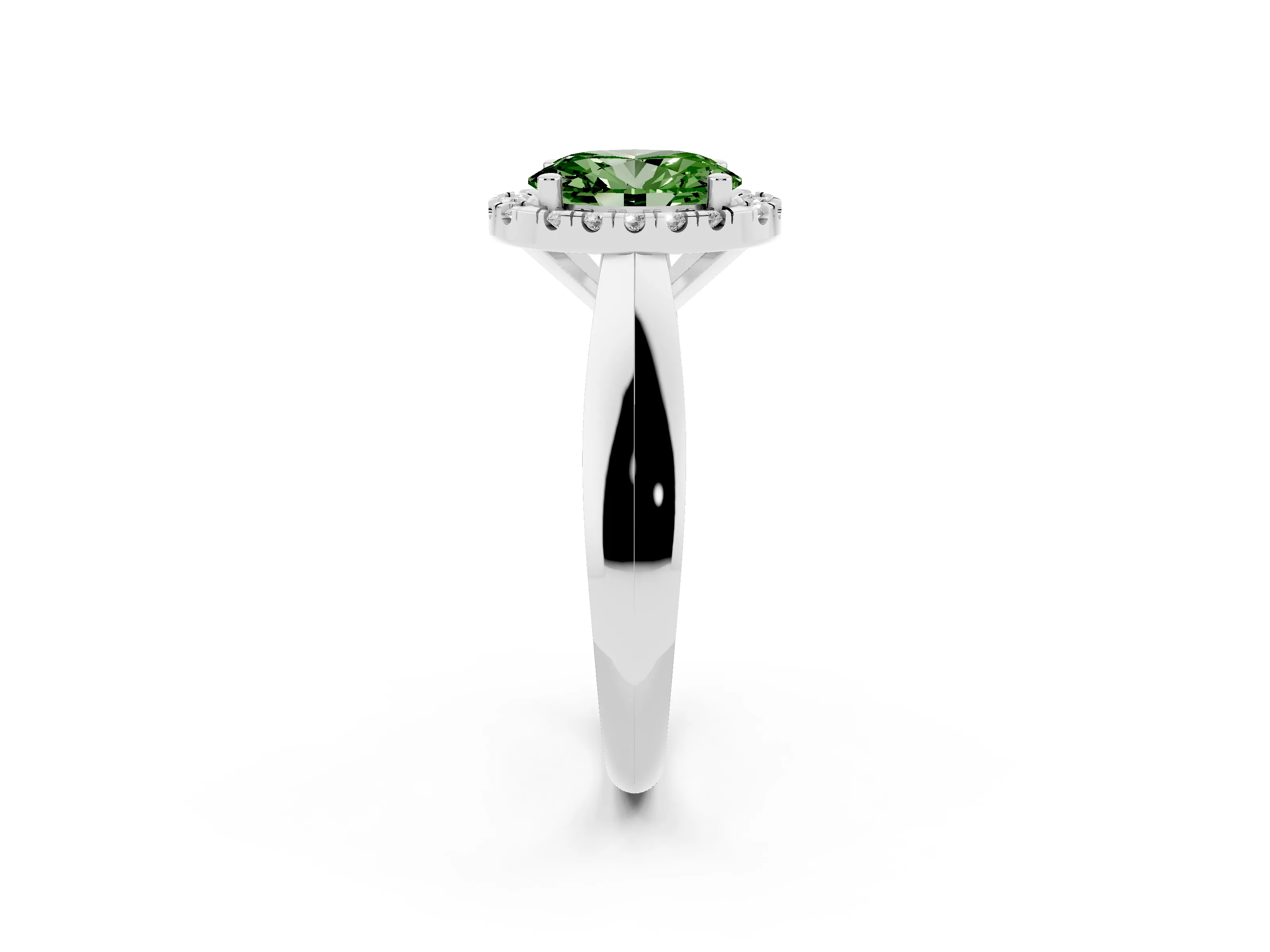 Fancy Green Oval Cut Diamond Halo Solitaire Engagement Ring Set in Silver with Square Band and Prong Setting