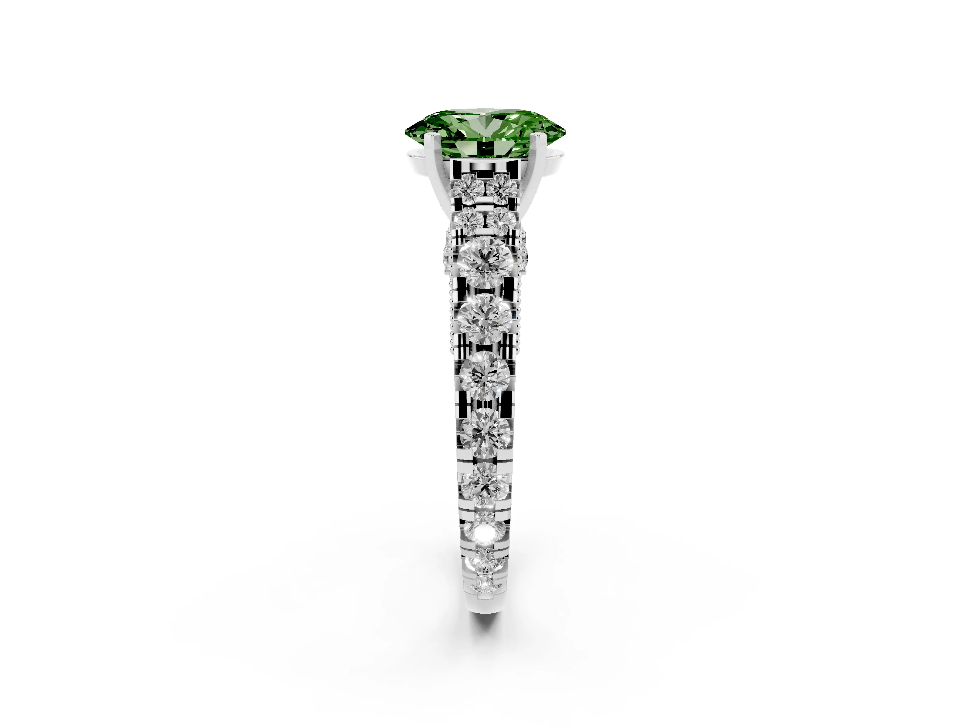 Fancy Green Oval Cut Diamond Classic Solitaire Ring Set in Platinum with Pavé Band and Prong Setting