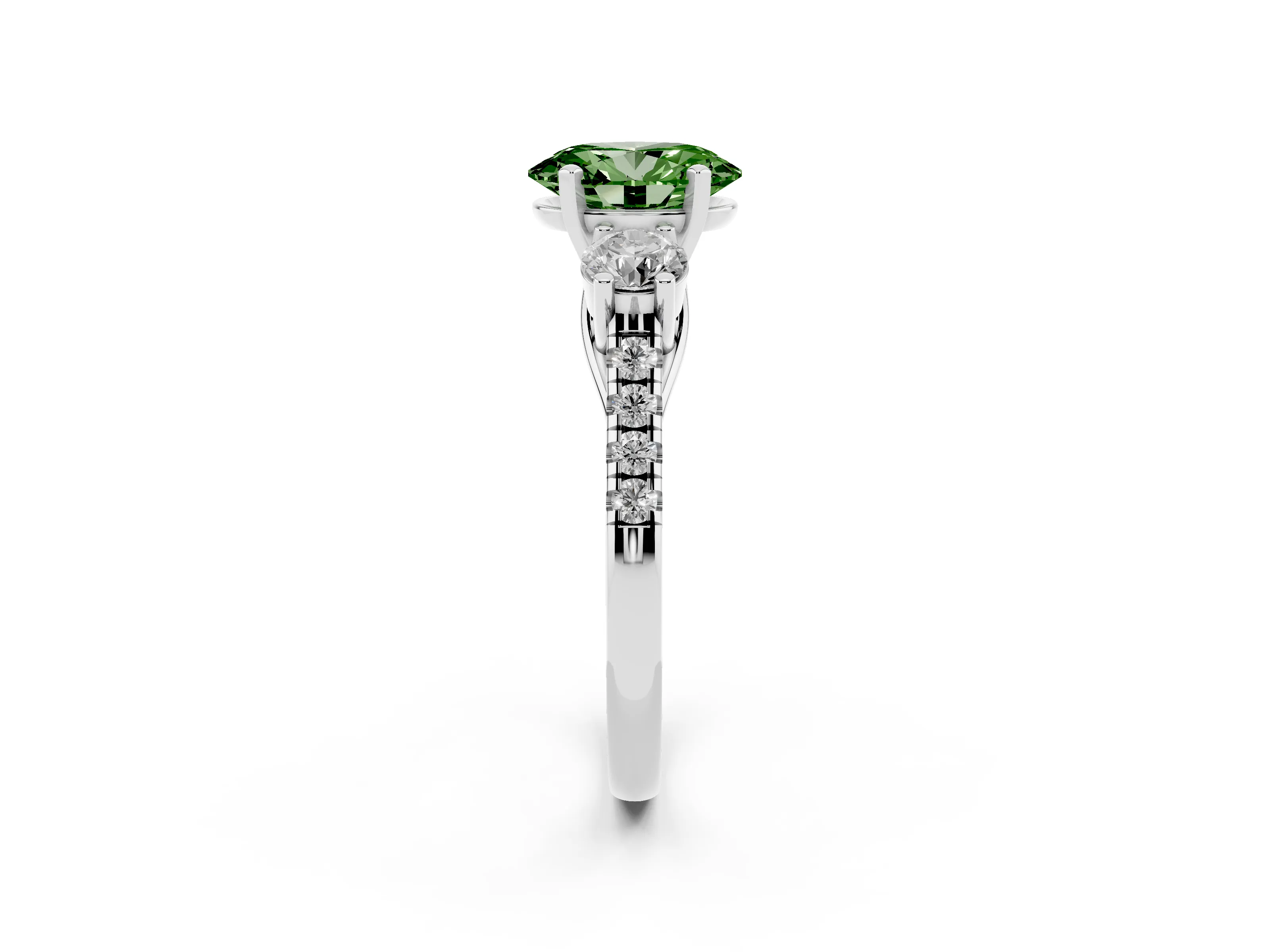Fancy Green Three-Stone Oval Cut Diamond Pavé Band Ring Set in Silver with Prong-Set Trio