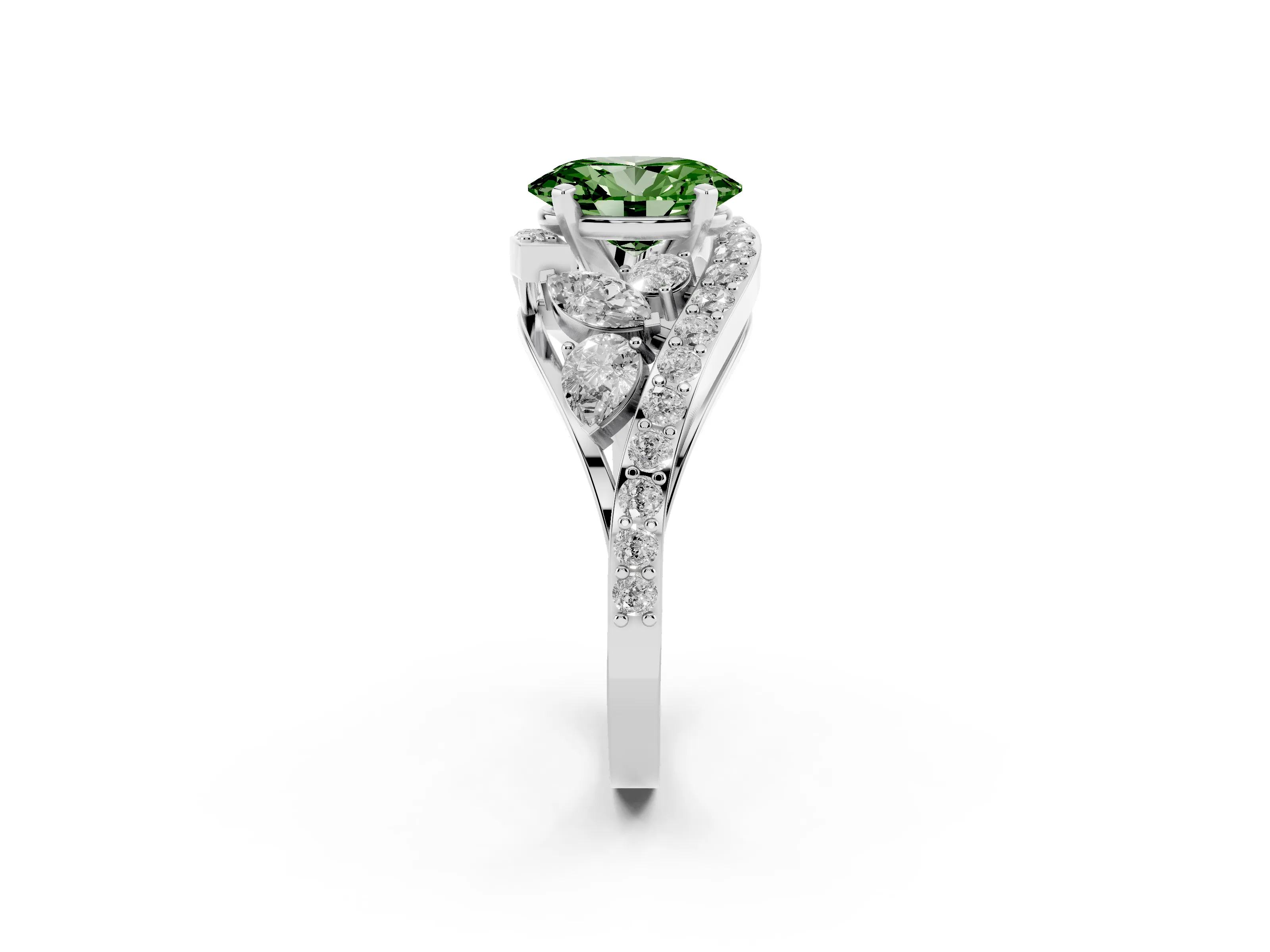 Fancy Green Oval Cut Diamond Halo Ring Set in Platinum with Marquise and Pavé Band in Prong Setting