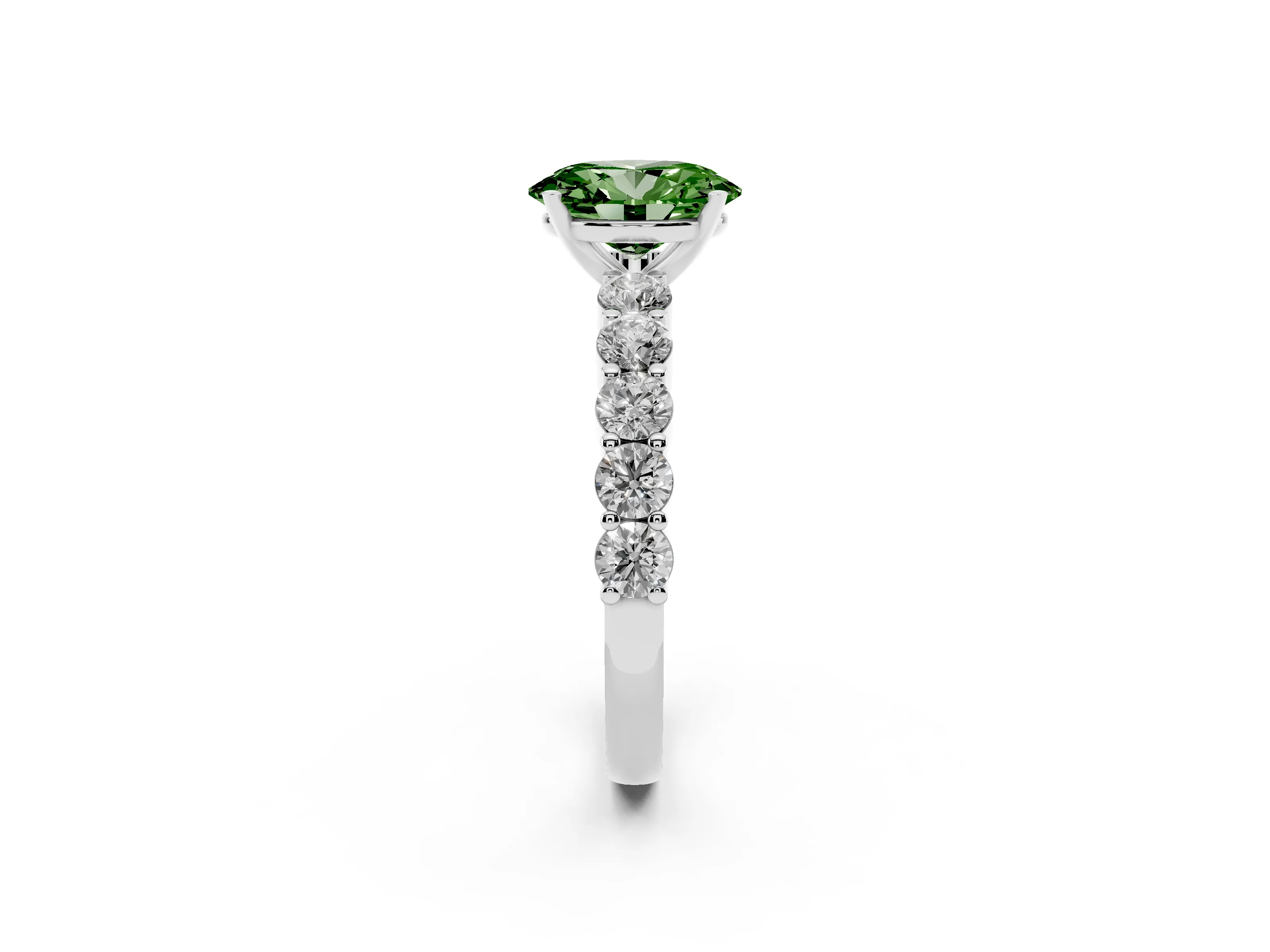 Fancy Green Oval Cut Diamond Solitaire Ring Set in Platinum with Shared Prong Round Side Stones