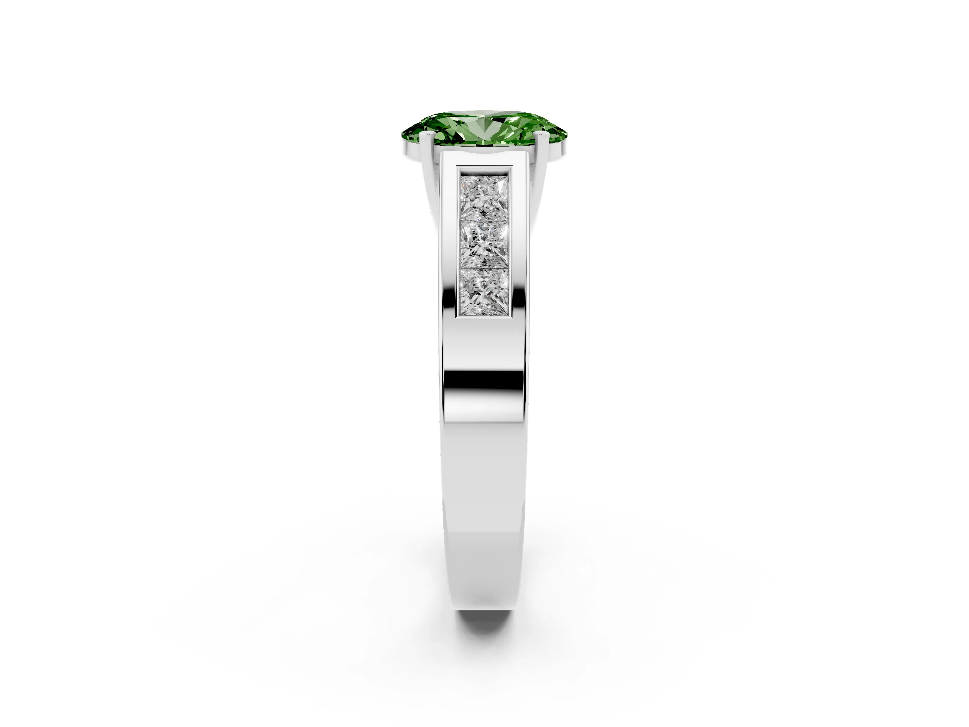 Fancy Green Oval Cut Diamond Solitaire Ring Set in Silver with Channel-Set Accent Stones and Prong Setting