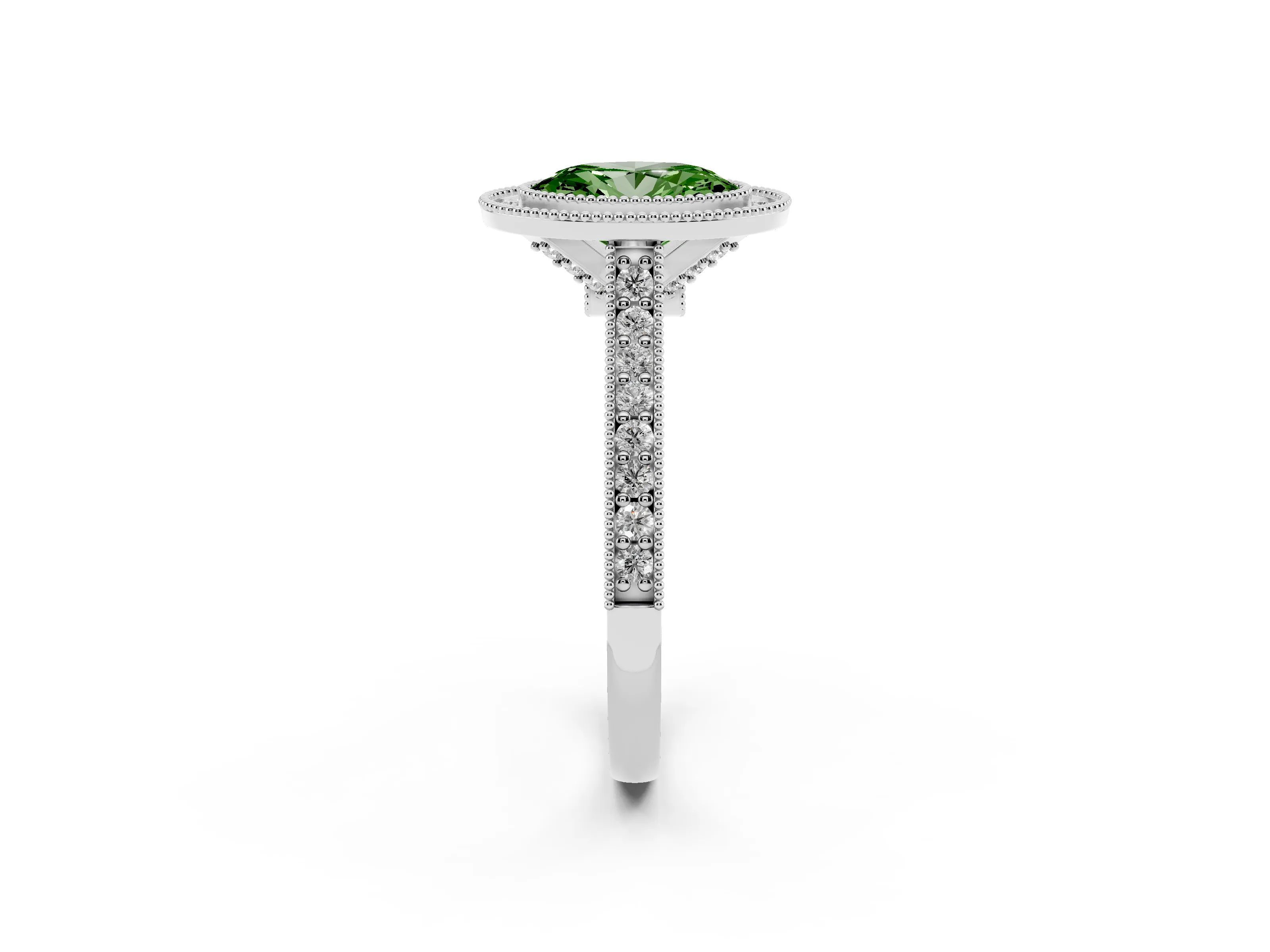 Fancy Green Oval Cut Diamond Halo Milgrain Pavé Band Ring Set in Silver with Prong Setting