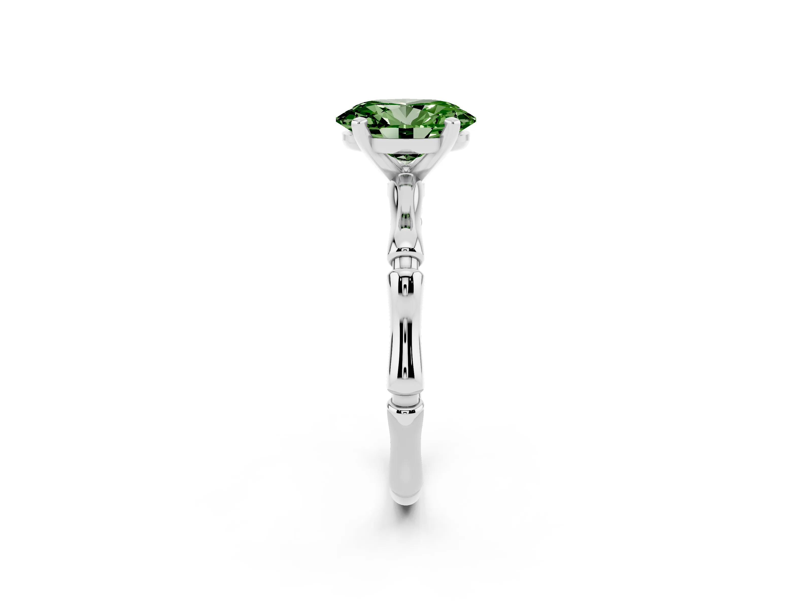 Fancy Green Oval Cut Diamond Solitaire Ring Set in Platinum with Bamboo Band and Prong Setting