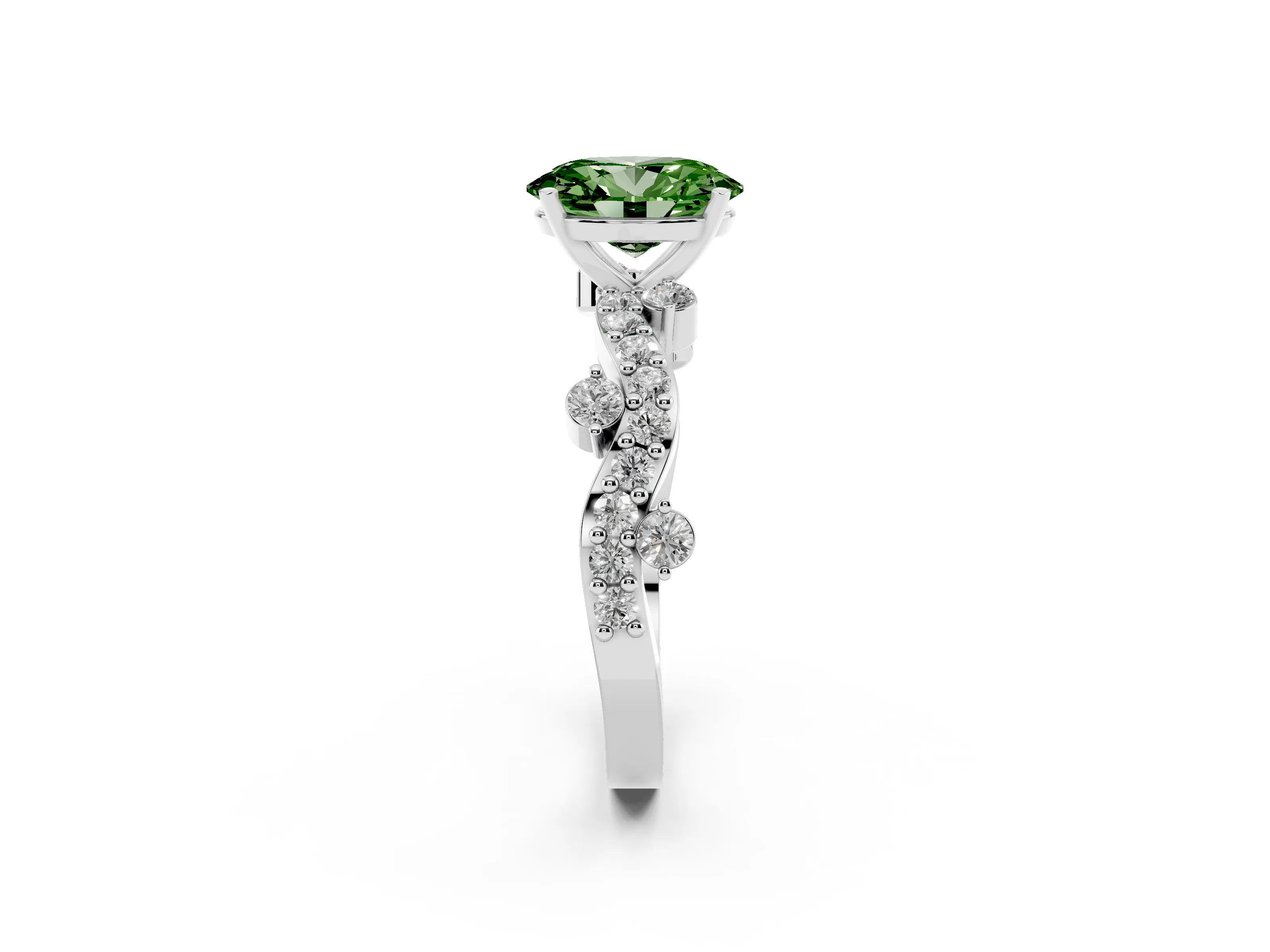 Fancy Green Oval Cut Diamond Solitaire Twisted Band Set in White gold with Pavé Setting