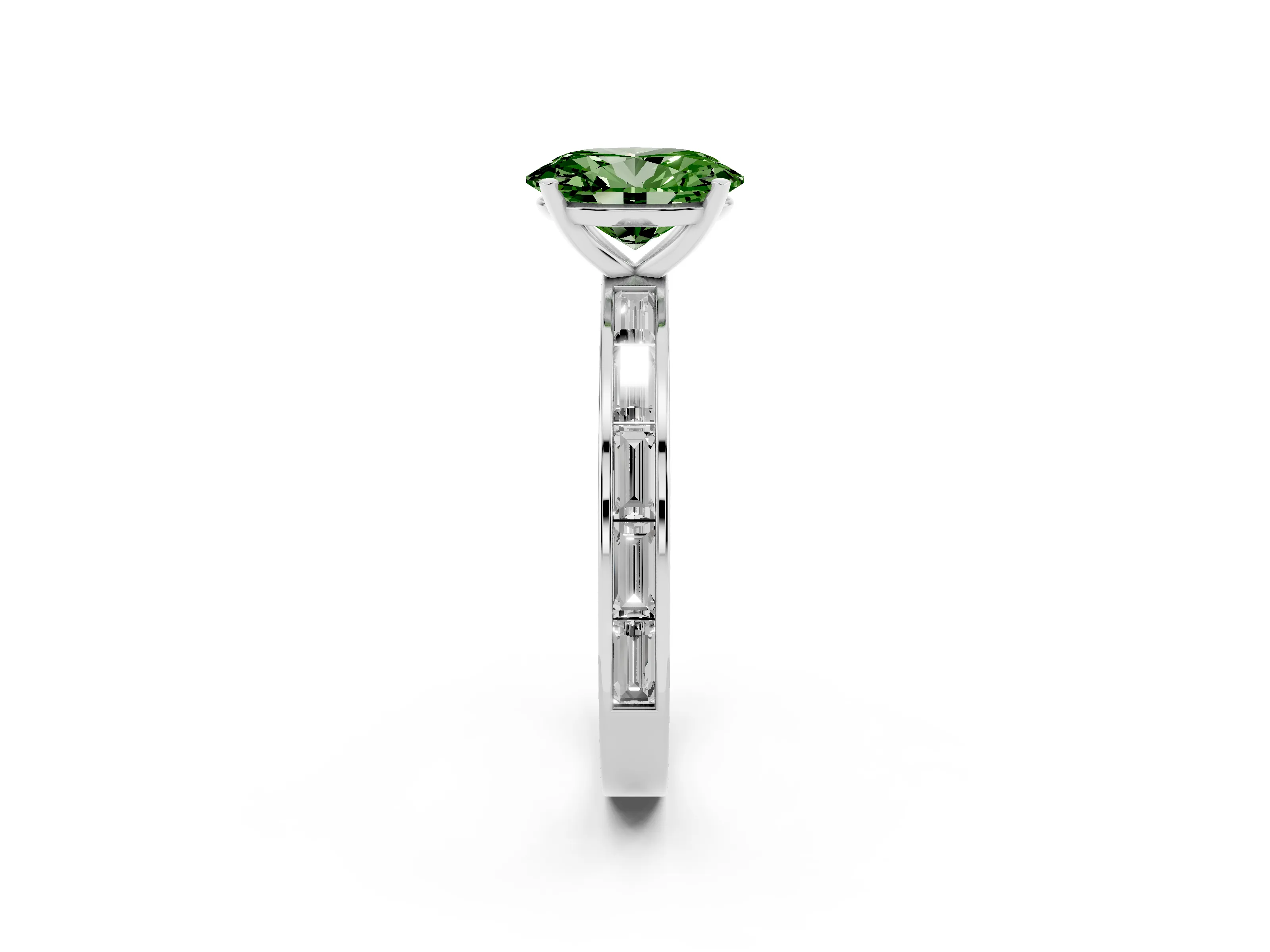 Fancy Green Oval Cut Diamond Solitaire Ring Set in Platinum with Channel-Set Baguette Band and Prong Setting