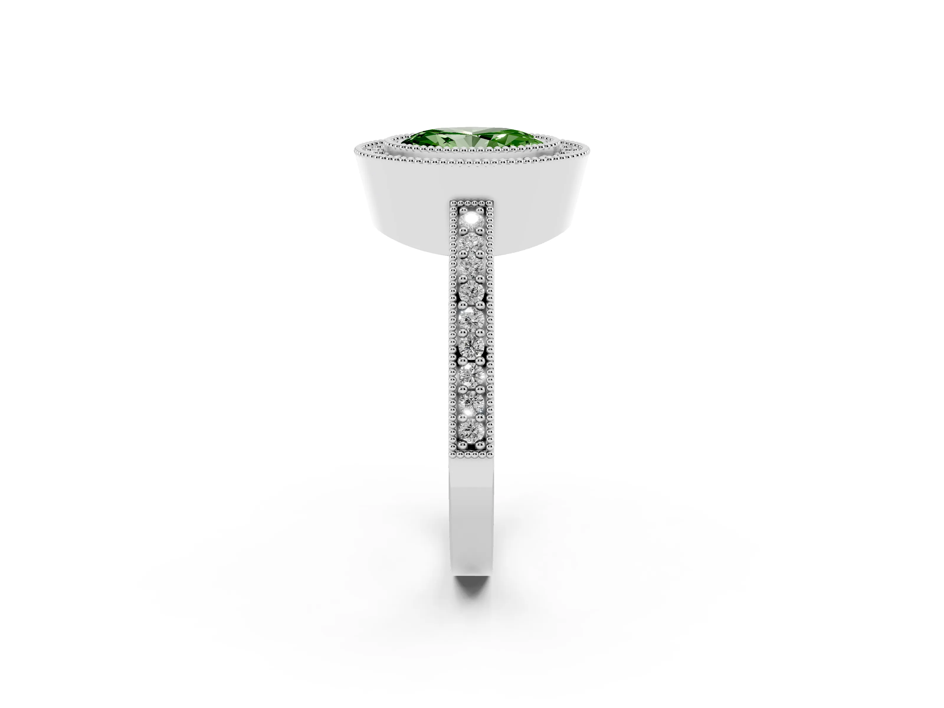 Fancy Green Oval Cut Diamond Halo Engagement Ring Set in White gold with Pavé Band and Round Halo Stones