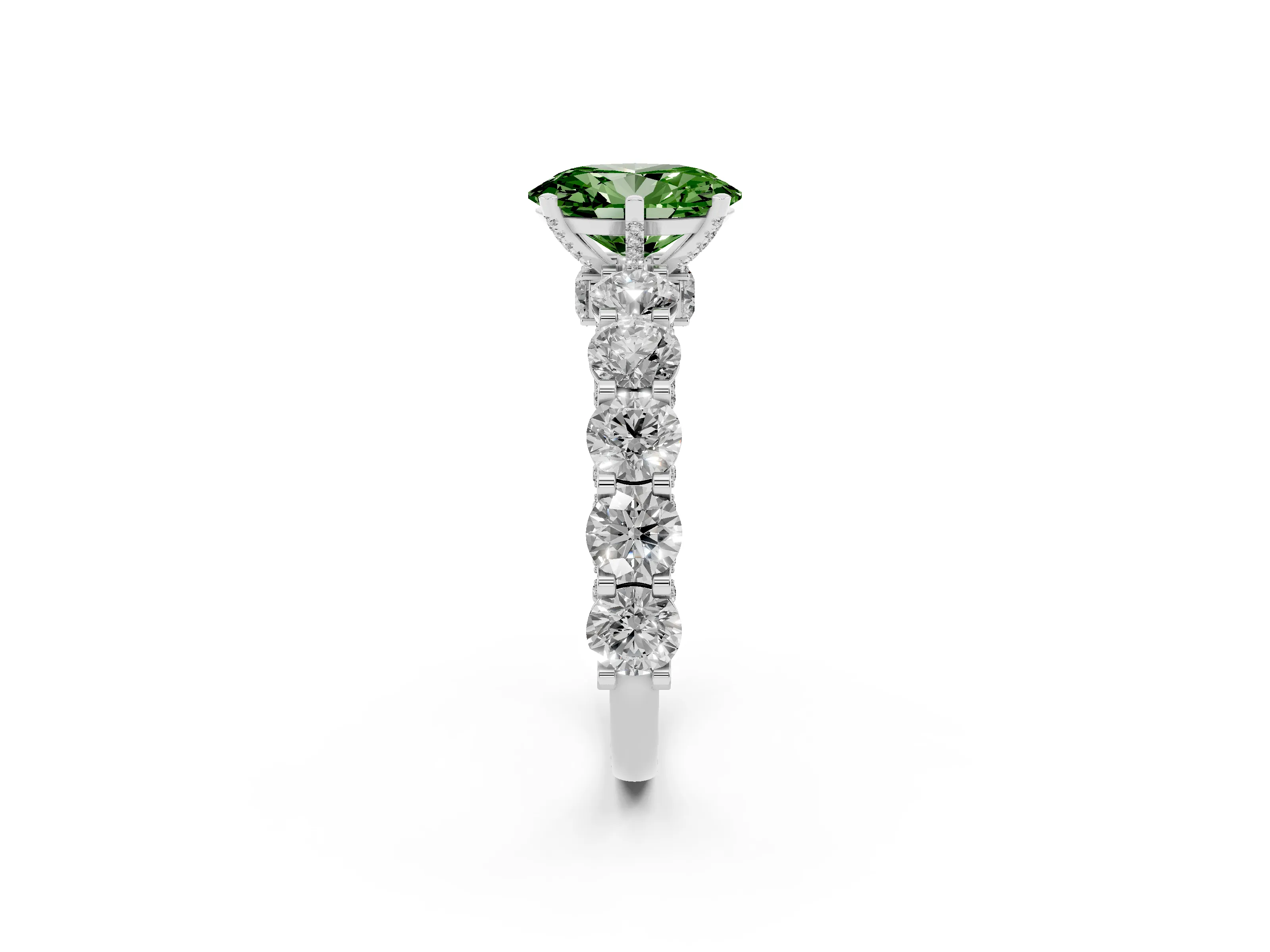 Fancy Green Oval Cut Diamond Side Stone Ring Set in Platinum with Alternating Round and Oval Side Stones