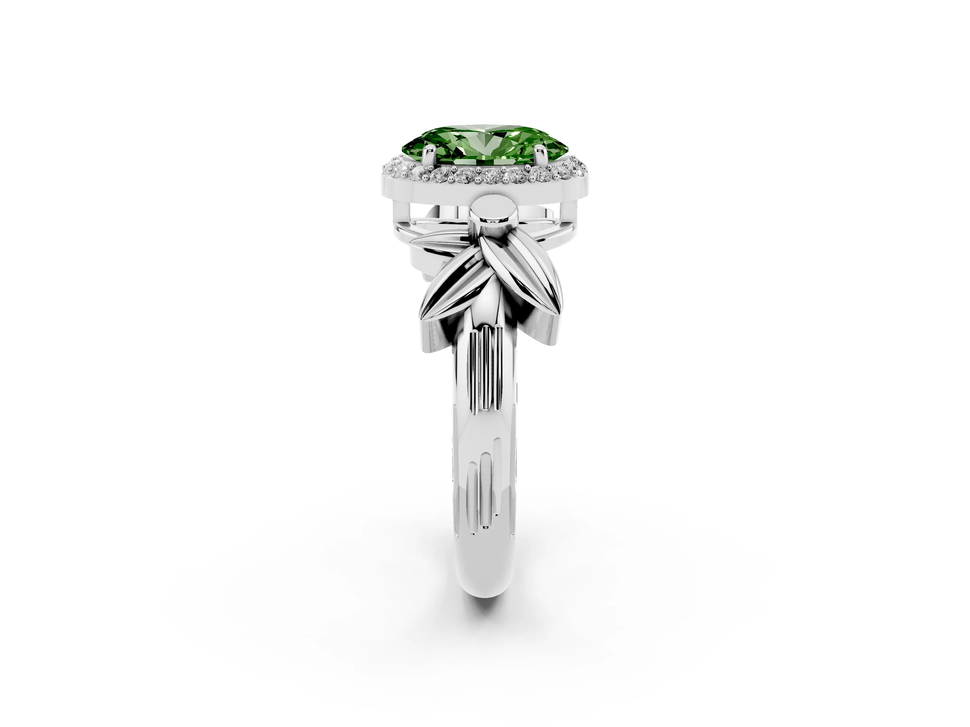 Fancy Green Oval Cut Diamond Halo Floral Band Ring Set in Silver with Prong Setting