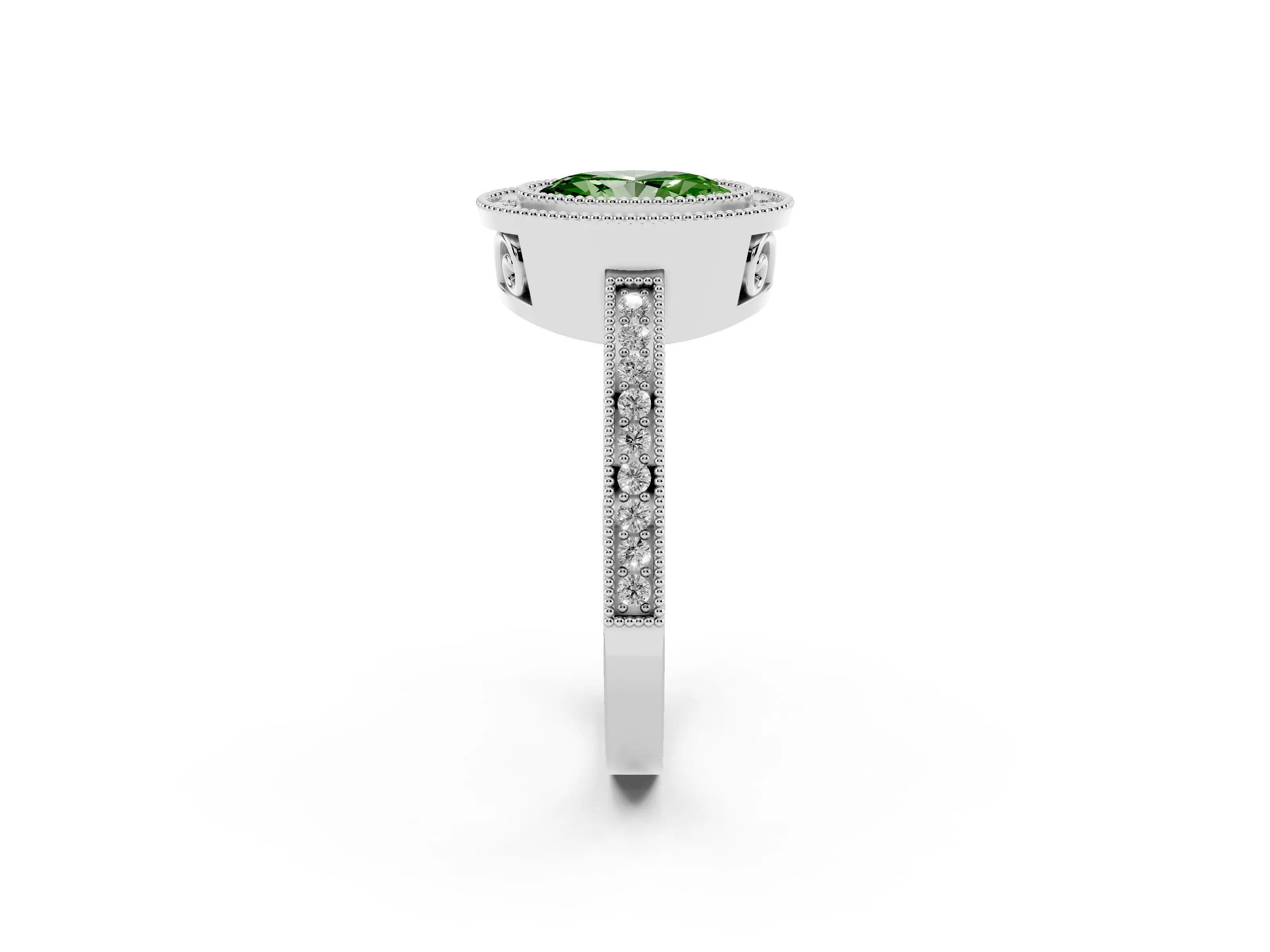 Fancy Green Oval Cut Diamond Halo Ring Set in Platinum with Pavé Band and Milgrain-Edged Prongs