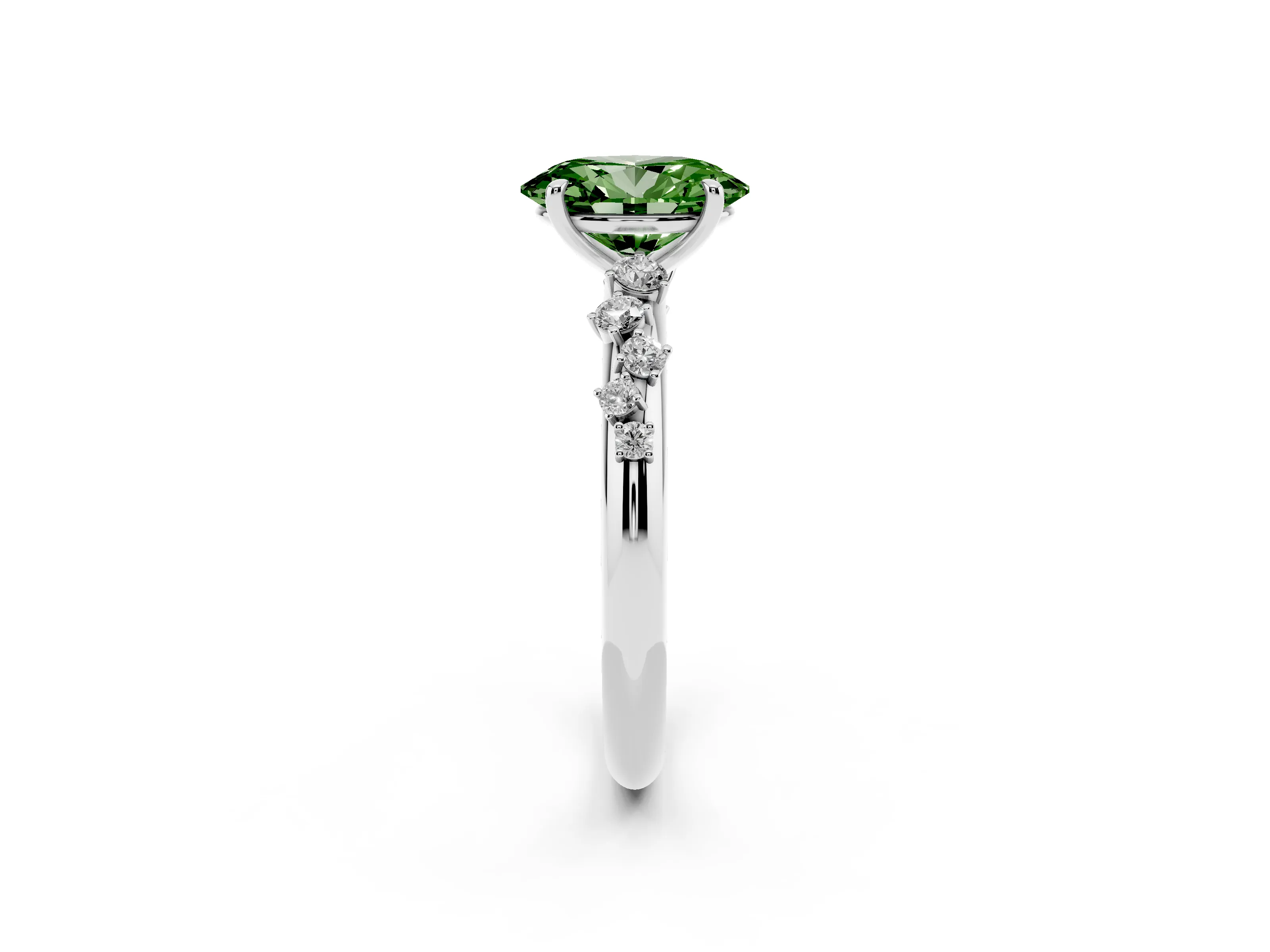 Fancy Green Oval Cut Diamond Cluster Solitaire Ring Set in Platinum with Prong Setting