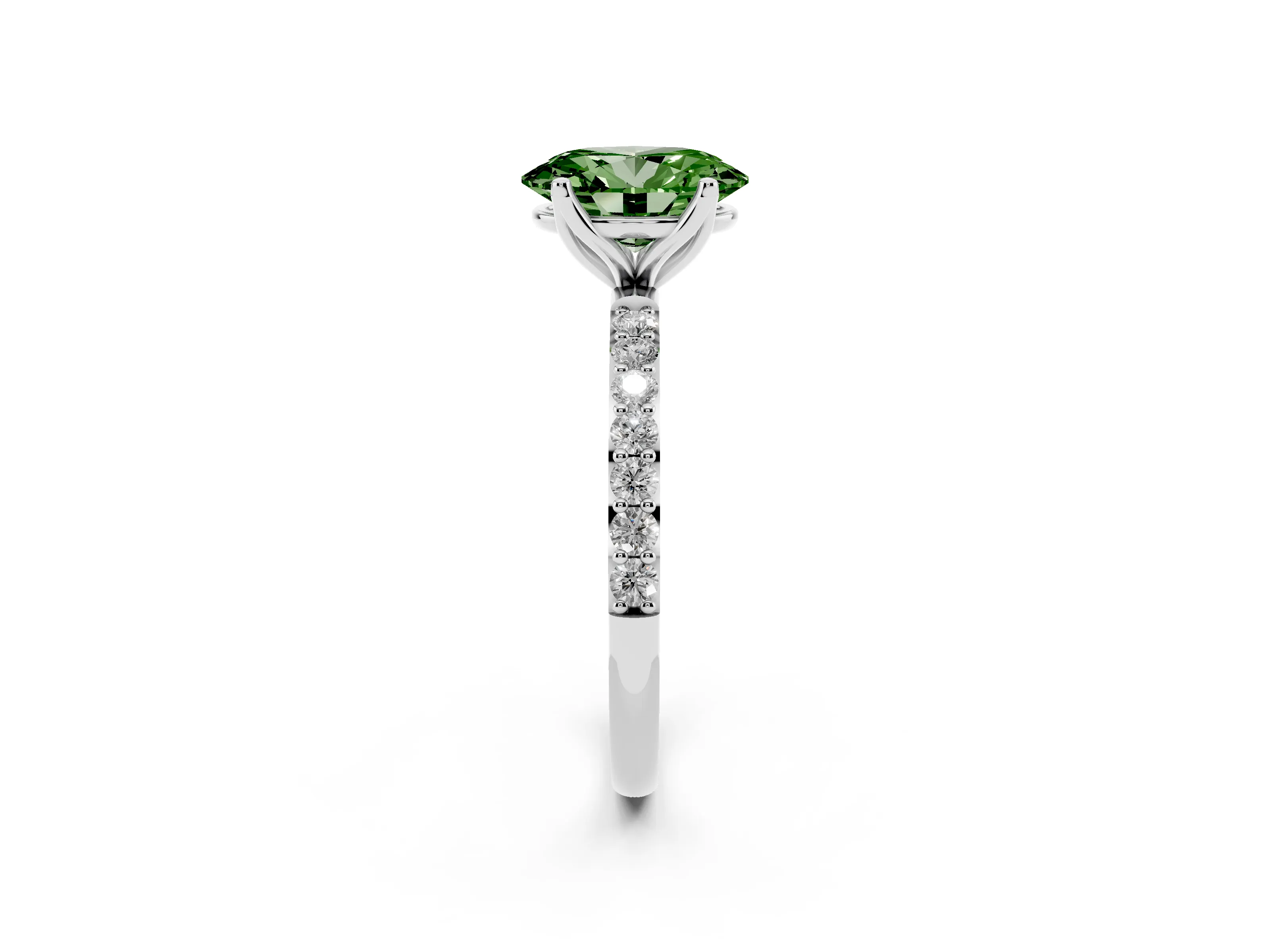 Fancy Green Oval Cut Diamond Solitaire Engagement Ring Set in White gold with Round Pavé Band and Prong Setting