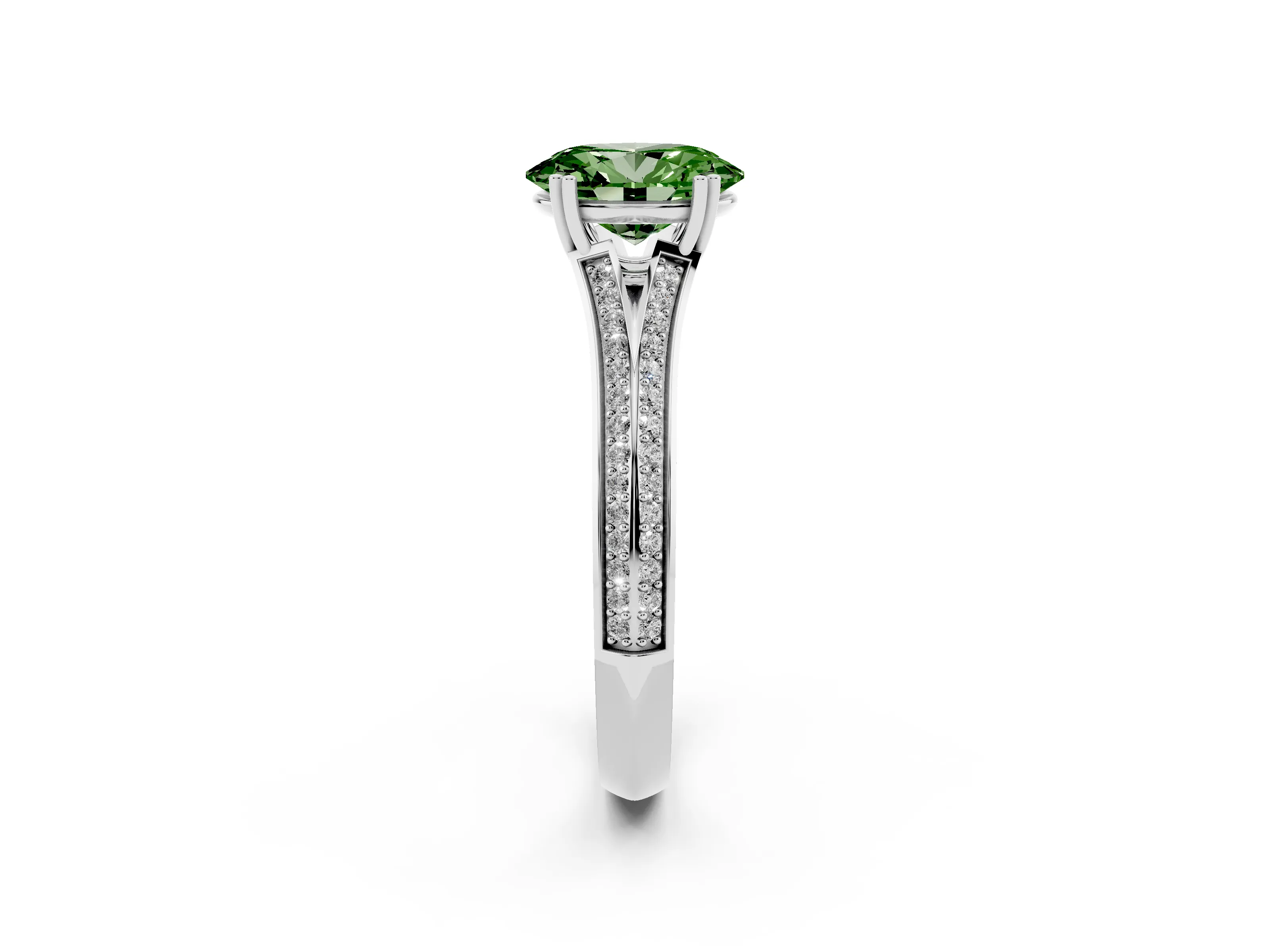 Fancy Green Oval Cut Diamond Split Shank Pavé Engagement Ring Set in Silver with Prong-Set Center Stone