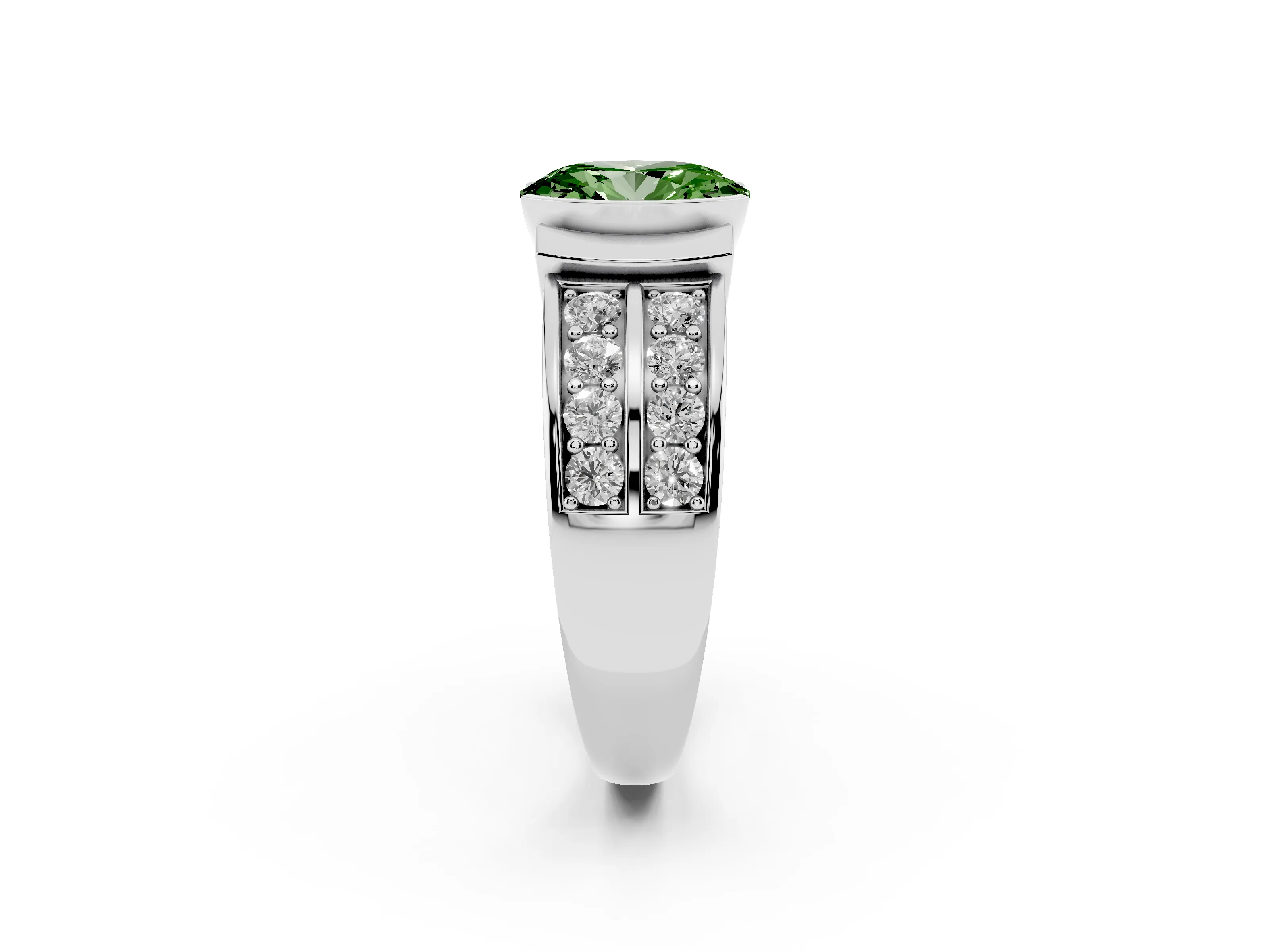 Fancy Green Oval Cut Diamond Wide Channel Set Band Ring Set in Silver with Bezel Setting
