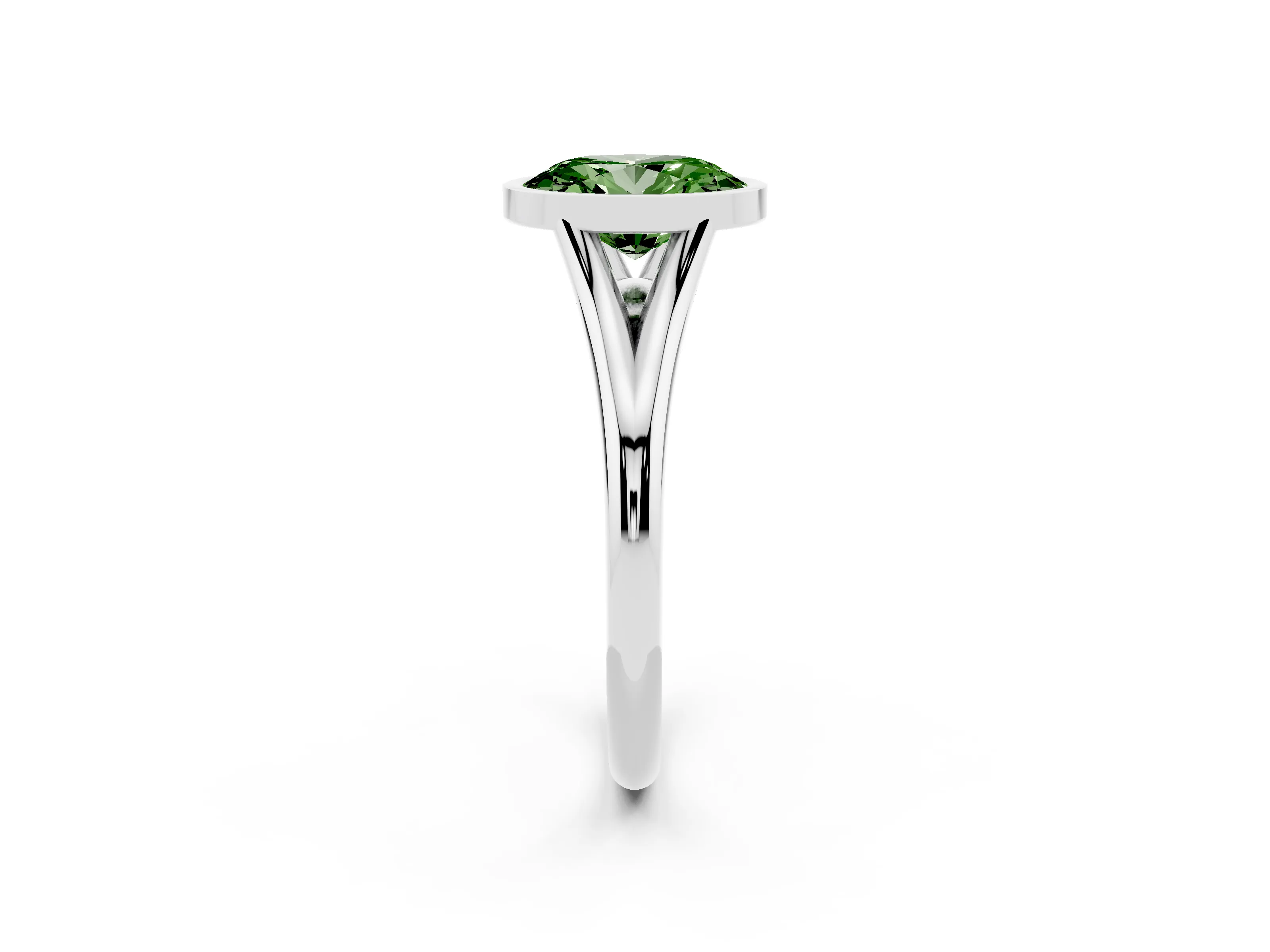 Fancy Green Bezel Set Oval Cut Diamond Solitaire Ring Set in Silver with Tapered Band