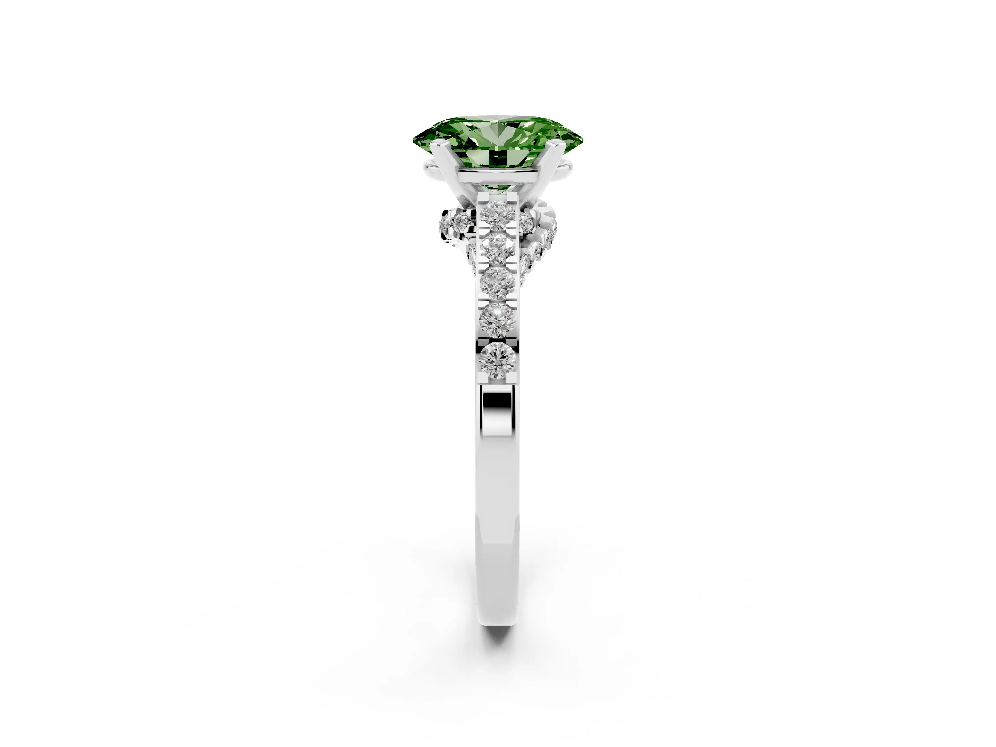 Fancy Green Oval Cut Diamond Solitaire Ring Set in Platinum with Crossover Gallery and Round Pavé Band